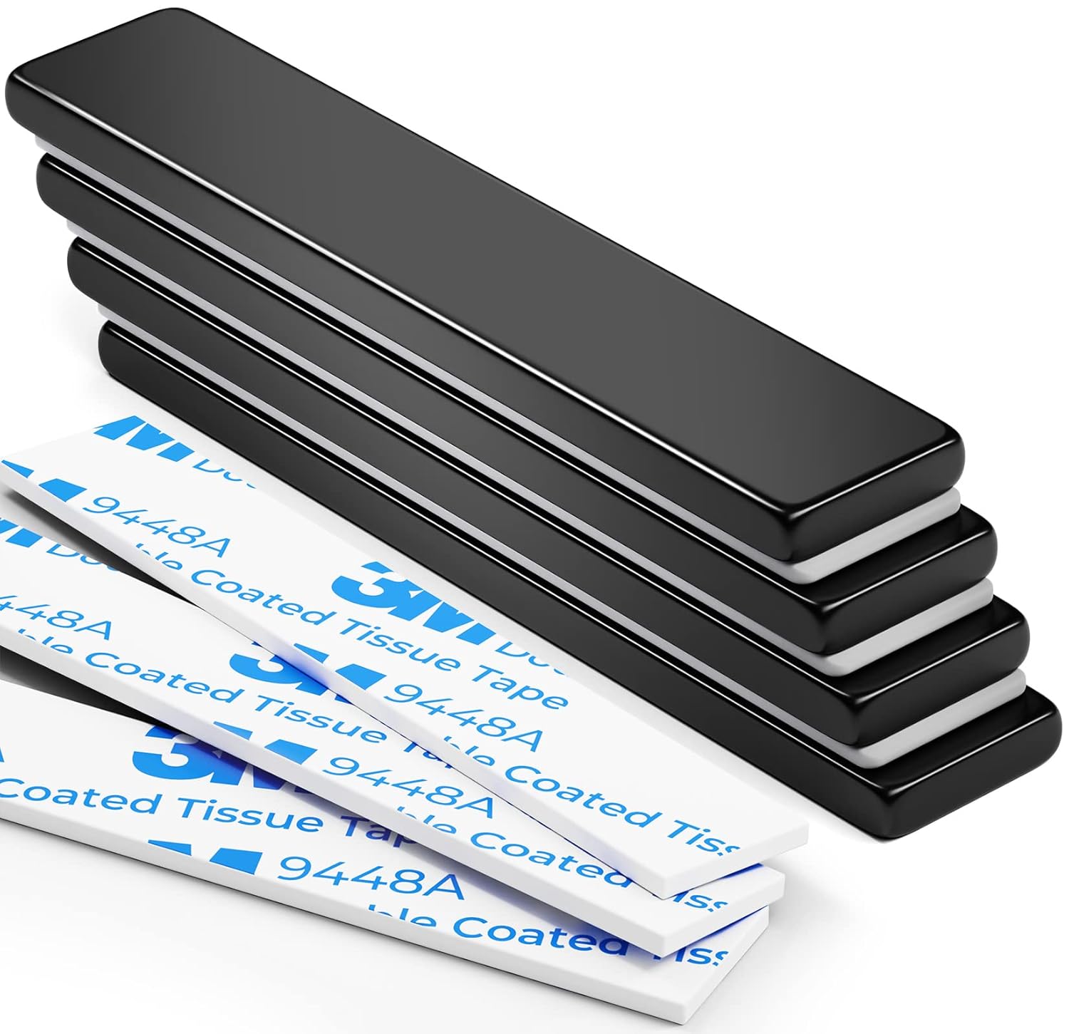 FINDMAG 4 Pack Neodymium Magnets, 60 x 10 x 3 mm, Black, with Double-Sided Adhesive, Versatile Magnets for Magnetic Boards, Refrigerators, Whiteboards, Walls, Wood, Plastic, Fabric