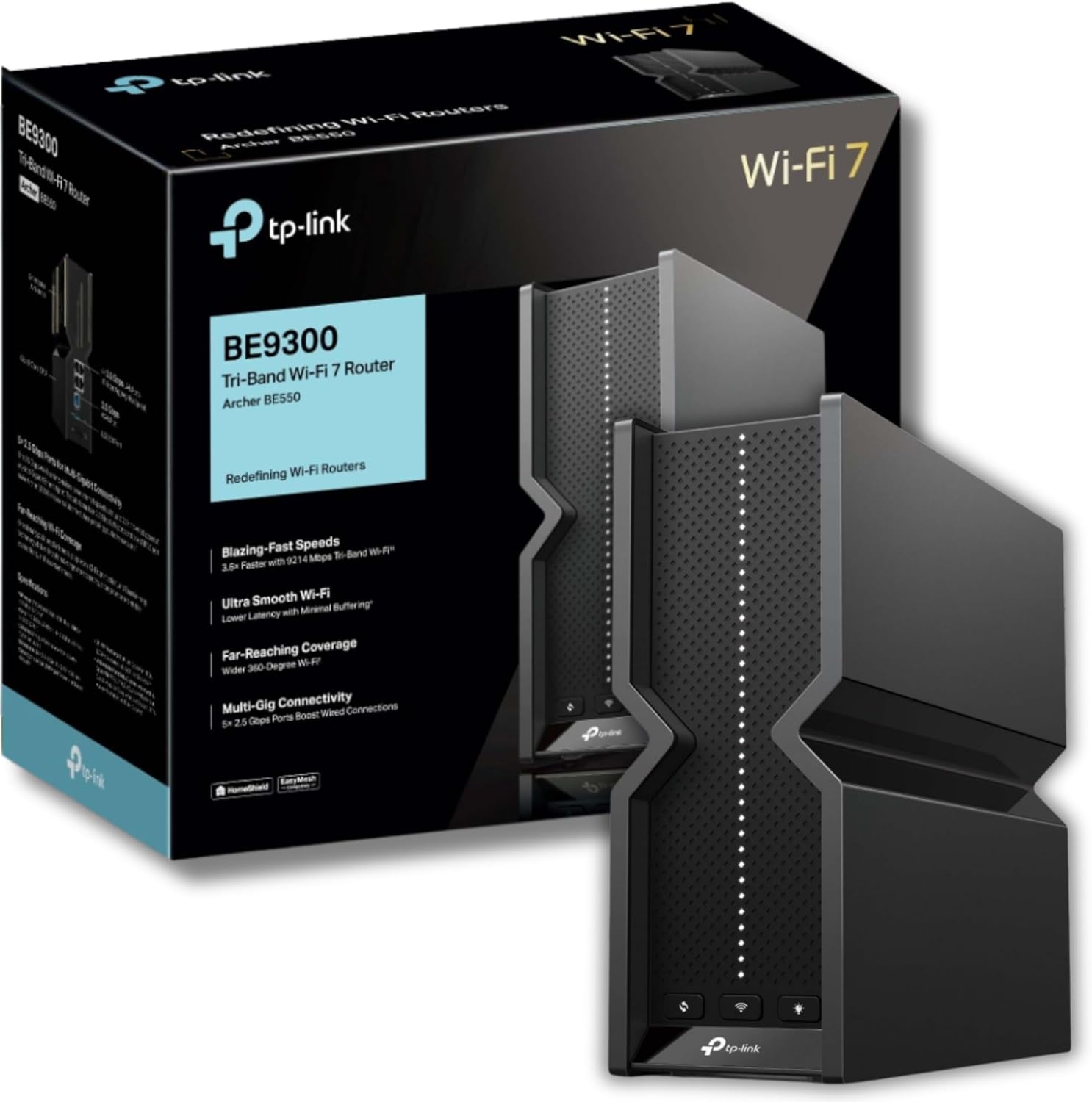 TP-Link Archer BE550 Tri-Band BE9300 WiFi 7 Router, 6-Stream 9.2Gbps Speed WiFi Router, Full 5x 2.5G WAN/LAN Ports, 6x Internal Antennas Covers Up to 2,000 Sq. Ft., VPN Support, Homeshield, Easy Setup