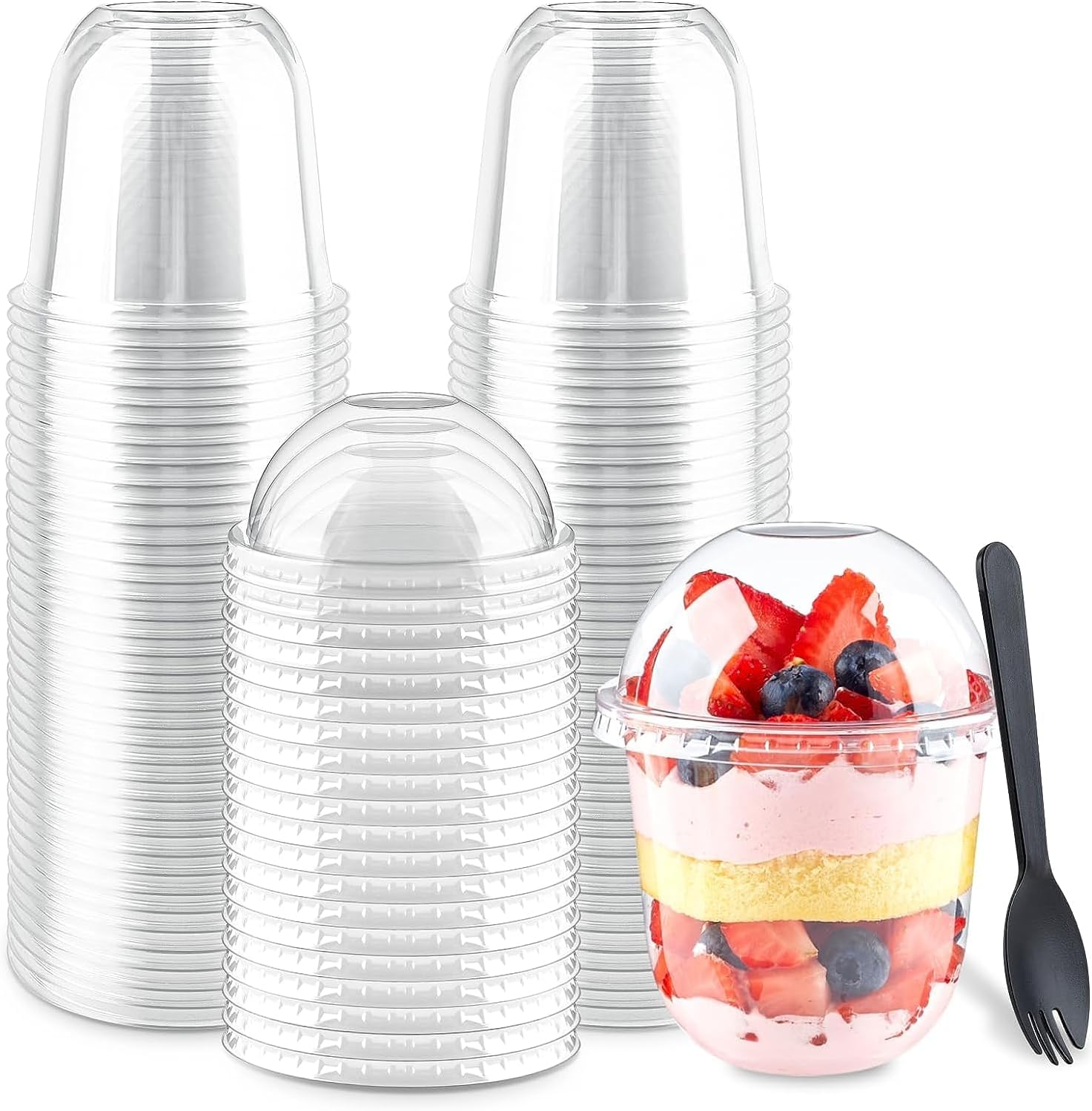 LATERN 50Pcs Plastic Dessert Cups with Dome Lids, 360ml Round Dessert Cups Clear Parfait Appetizer Cup Reusable Serving Bowl with Sporks for Dessert Pudding Mousse Party (9.5cm x 12cm)