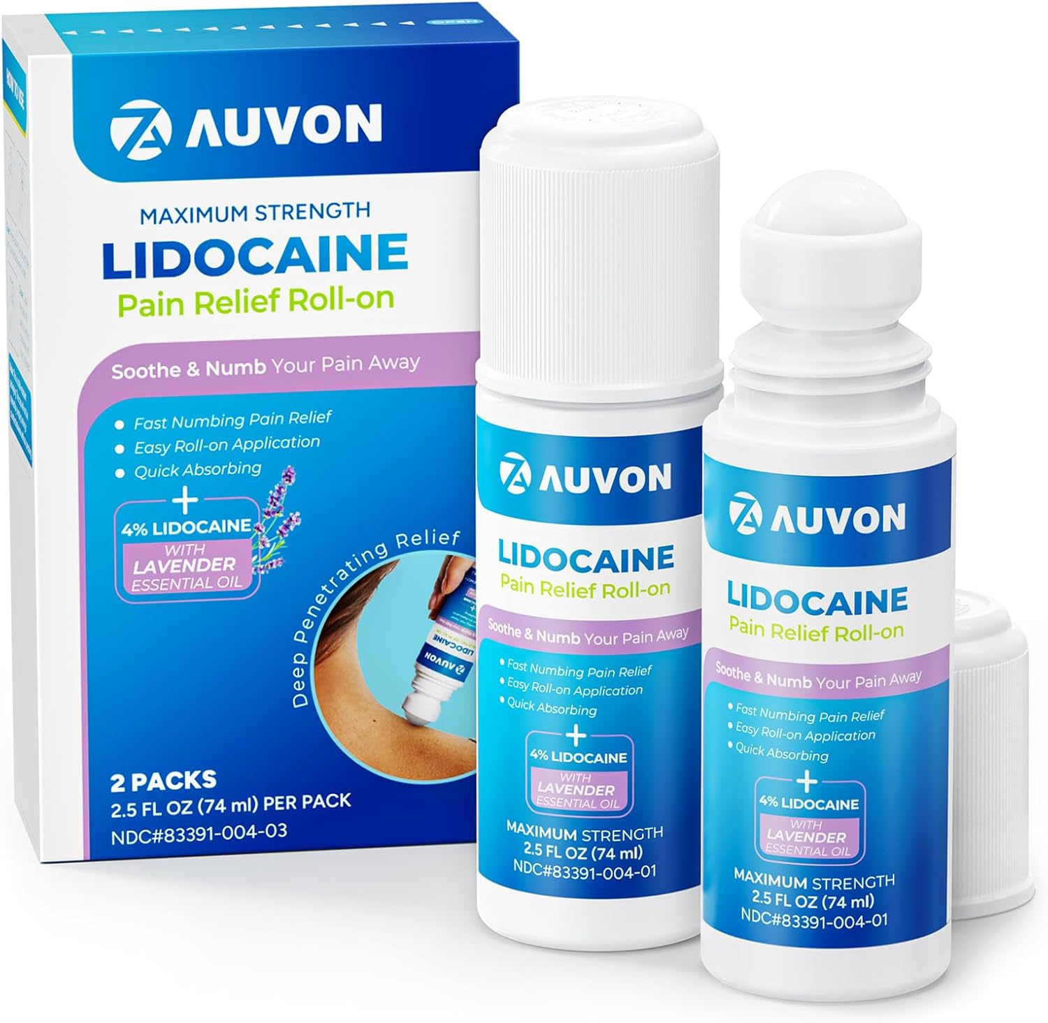 AUVON Max Strength Lidocaine Pain Relief Roll-On with Lavender Essential Oil, No Mess Applicator, Quick Absorbing to Numb & Soothe Pain Relief for Knees, Shoulders, FSA/HSA Eligible, 2.5 OZ, 2 Packs