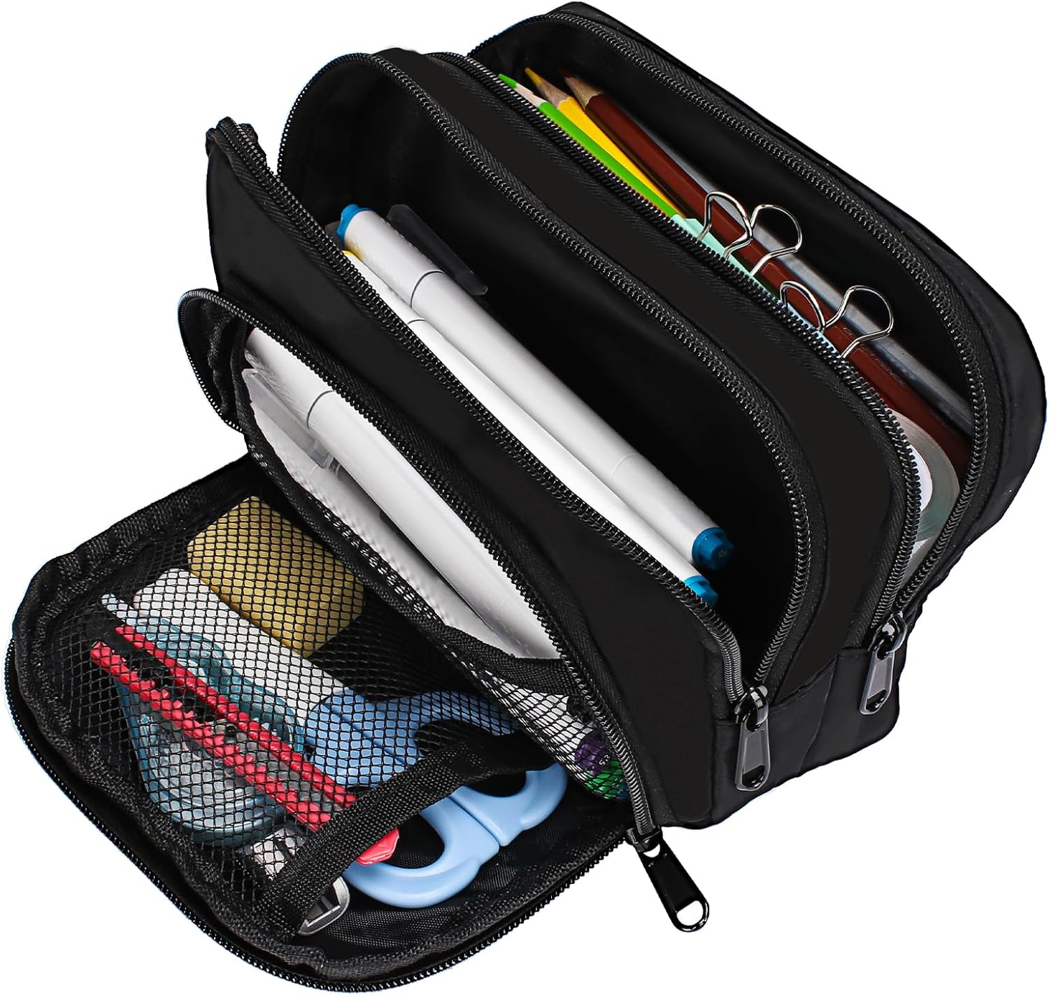 Euqvunn Black Pencil Case, Large Capacity Pen Case with 3 Compartments, Stationery Pouch for School & Office Supplies