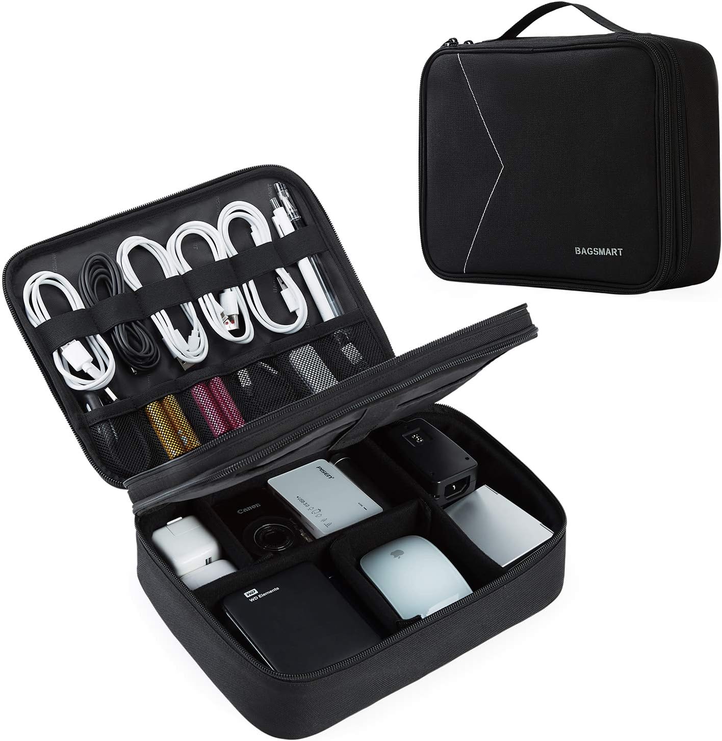 bagsmart Extra Large Double Layer Portable Travel Cable Organiser Bag Electronics Accessories Storage Case for 10.5'' iPad Pro, iPad air, Charger, Adaptors, Kindle, Hard Drives (Black-Lightweight)