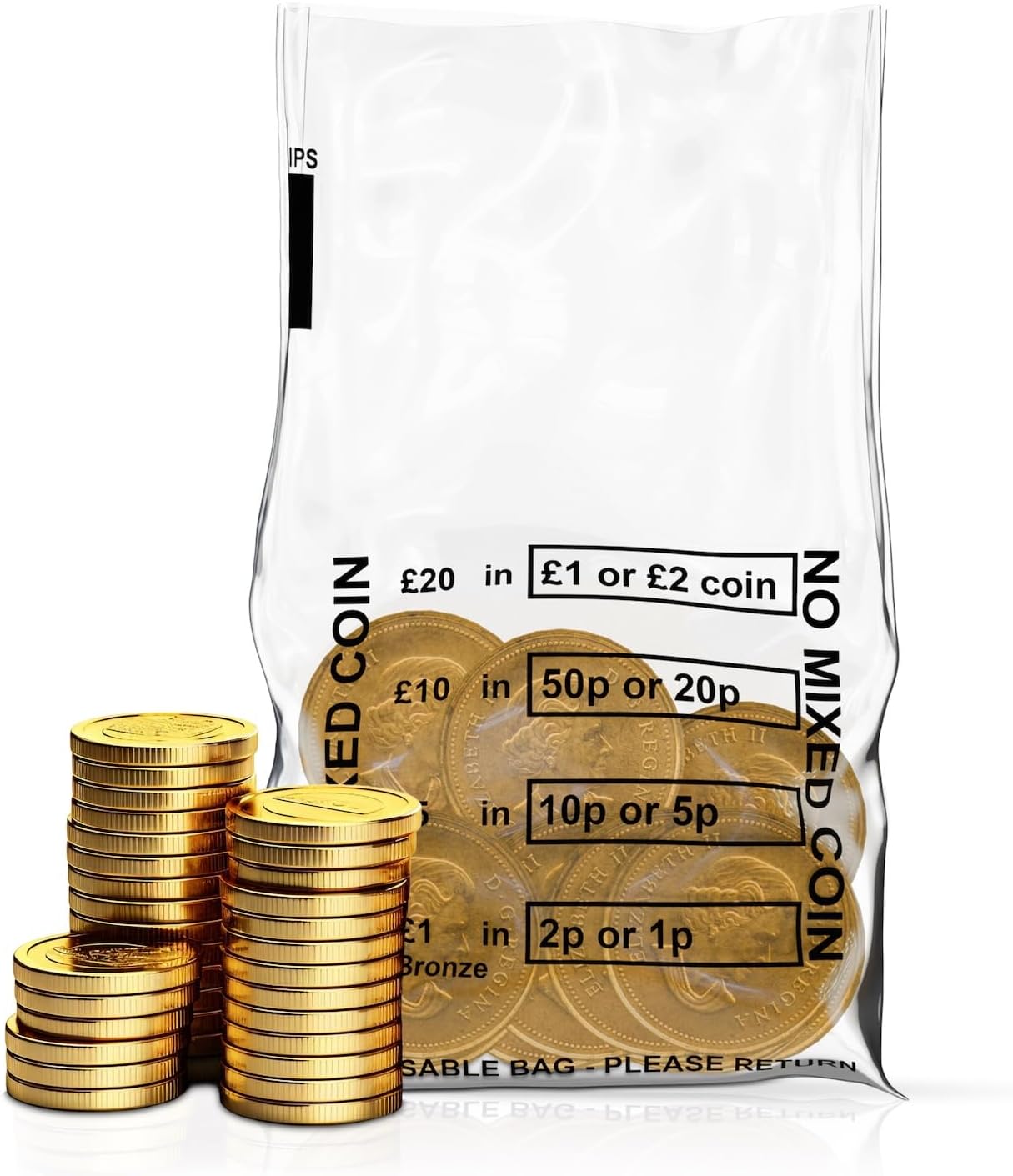 Quick Pack Supplies Pack of 100 - Clear Plastic Money Bank Bags | No Mixed Coins Banking Bags for Change Handling Shop Business Home Office