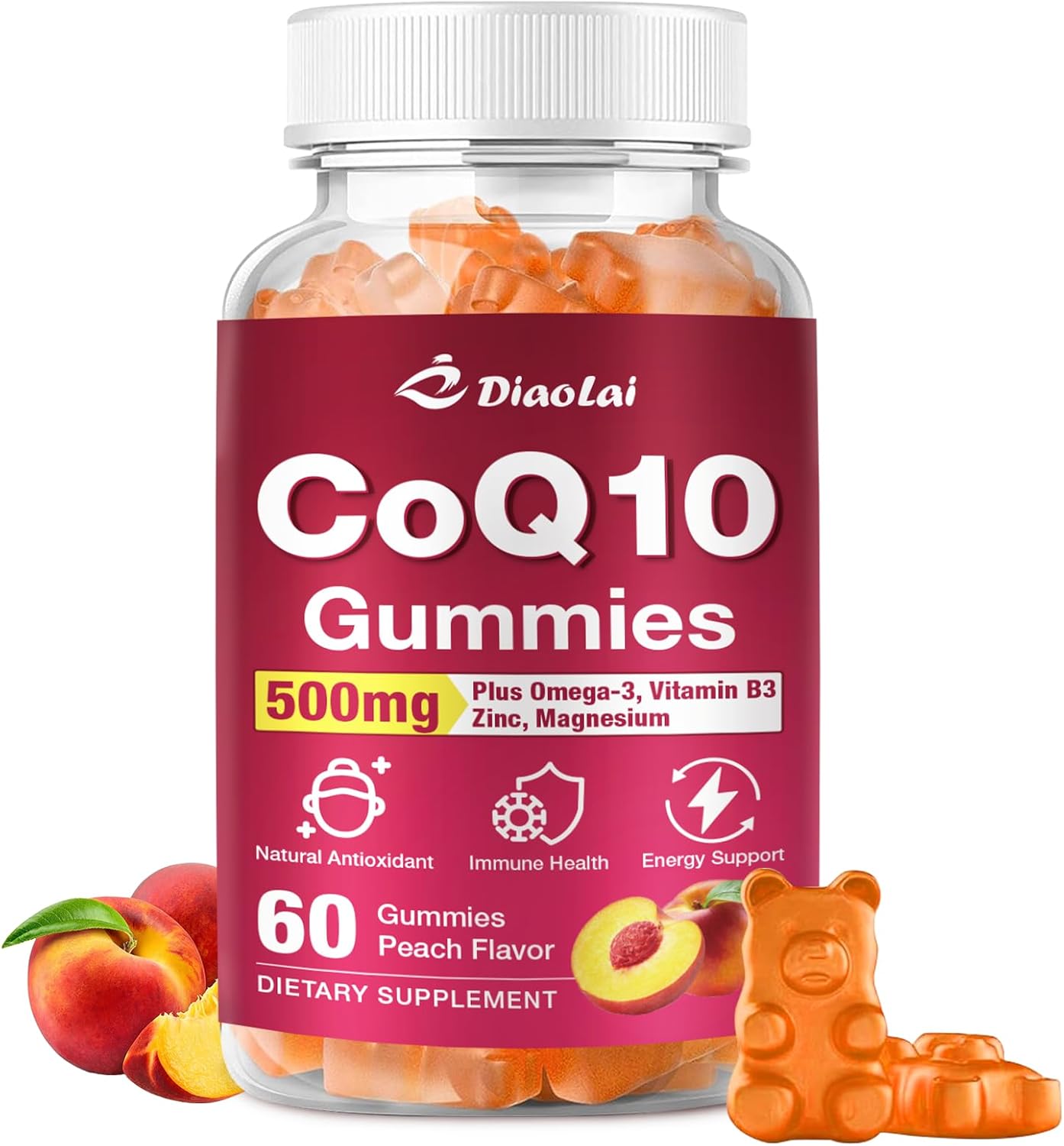 CoQ10 Gummies - 500mg per Serving with Omega-3 (EPA & DHA), B3 & Zinc - Supports Immunity & Energy - Delicious Orange Flavor - Non-GMO, Gluten-Free - 60 Count