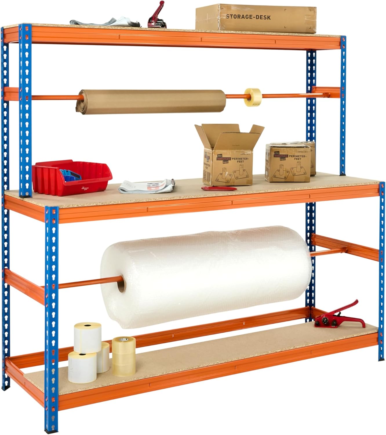 The Workplace Depot Packing Workbench – Heavy-Duty Powder-Coated Steel Frame, 13 mm Chipboard Worktop, Adjustable Reel Bars & Shelves, Ideal for Warehouse & Dispatch Areas
