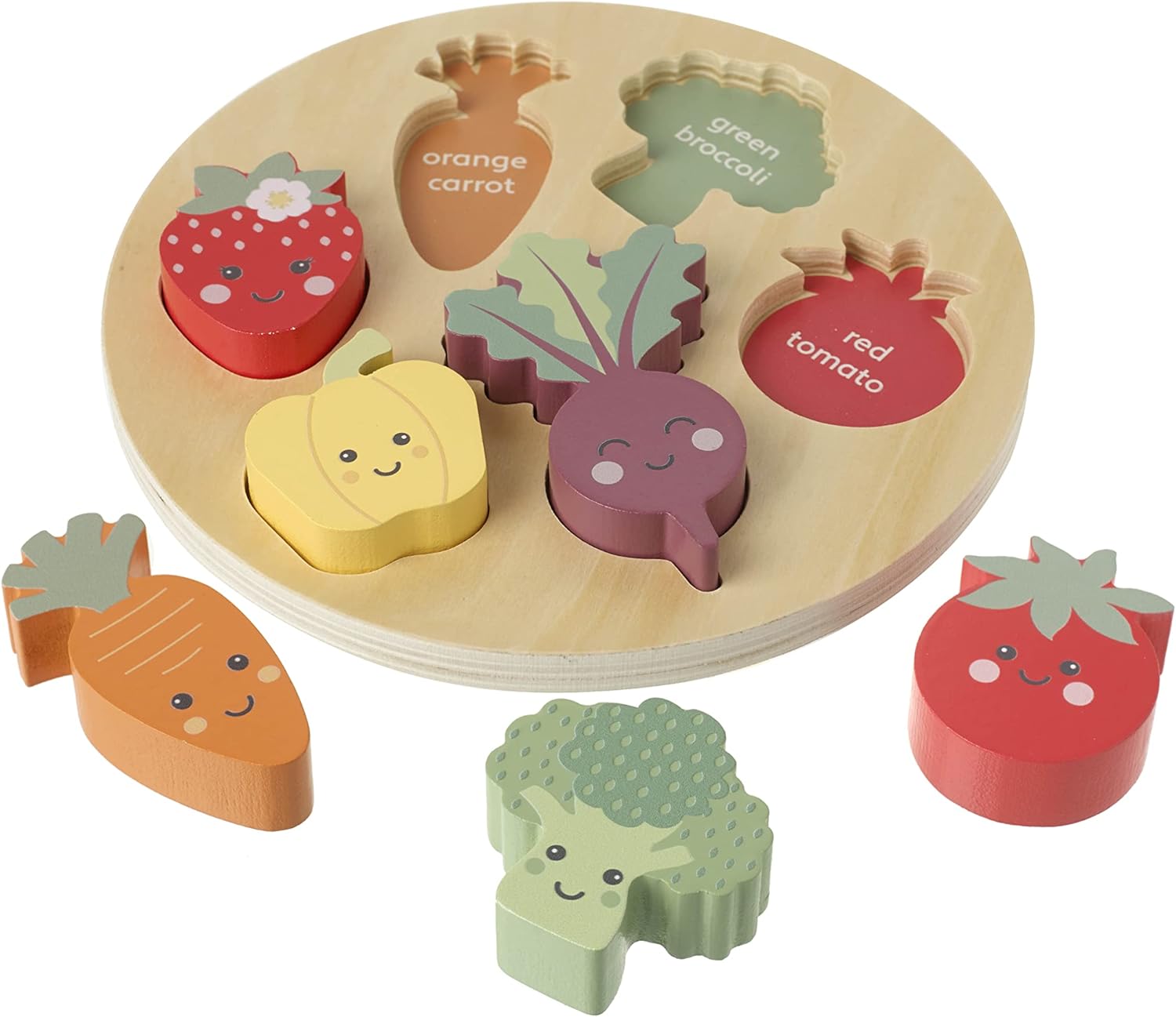 Happy Veggies Wooden Puzzle Board - Includes 6 Play Food Vegetables - Shape Sorter Wooden Puzzles for 1 Year Old, Toddler - Educational Montessori Early Development & Activity Toys by Orange Tree Toys