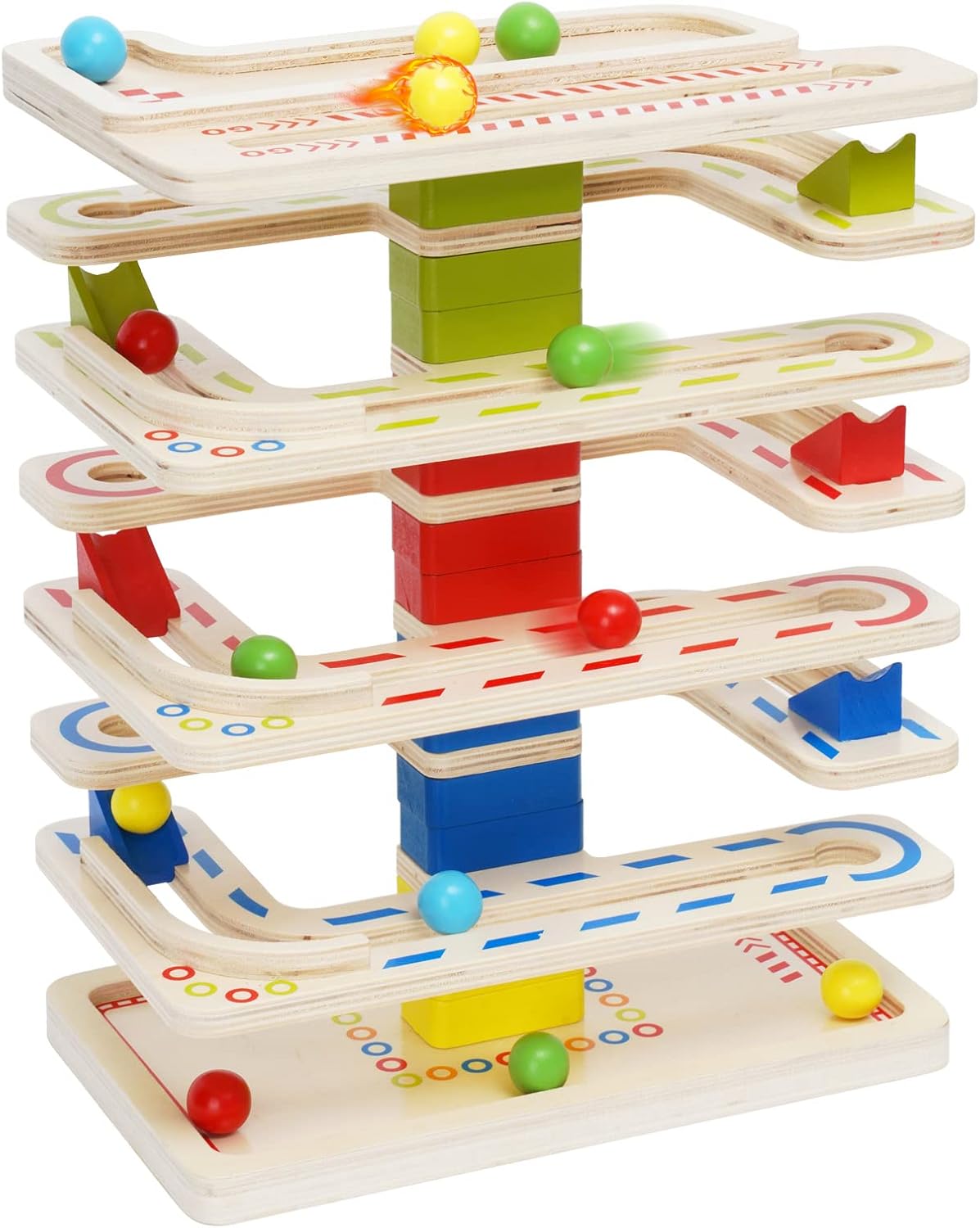 Wooden Marbles Run Ball Drop Toys 8-Tier Rolling Tower Toys with 16 Balls Ramp Whirling Game Educational Learning Toys for Gifts 3 4 5 6 7 8 Years Toddler Boys Girls