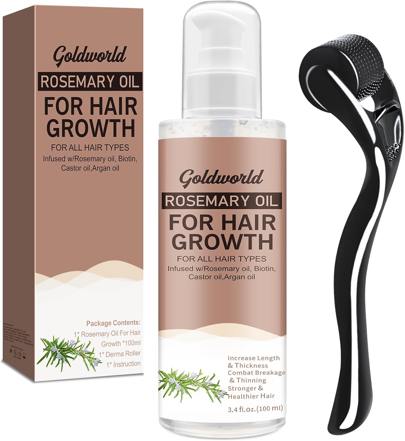 GoldWorld Rosemary Oil for Hair Growth With Derma Roller - 100ml Light-Weight Non-Greasy Serum for Men and Women - Reduces Beard Hair Loss, Diluted Oil for Dry Damaged Hair Tonic