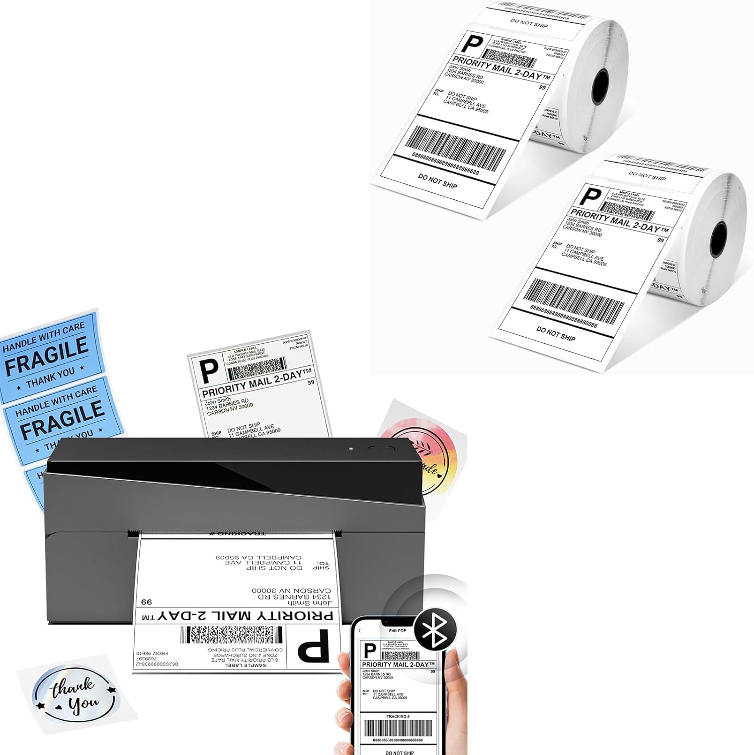 249BT Bluetooth Shipping Label Printer and 1000Pcs 4x6 Roll Thermal Labels, Wireless Thermal Label Printer for Small Business
