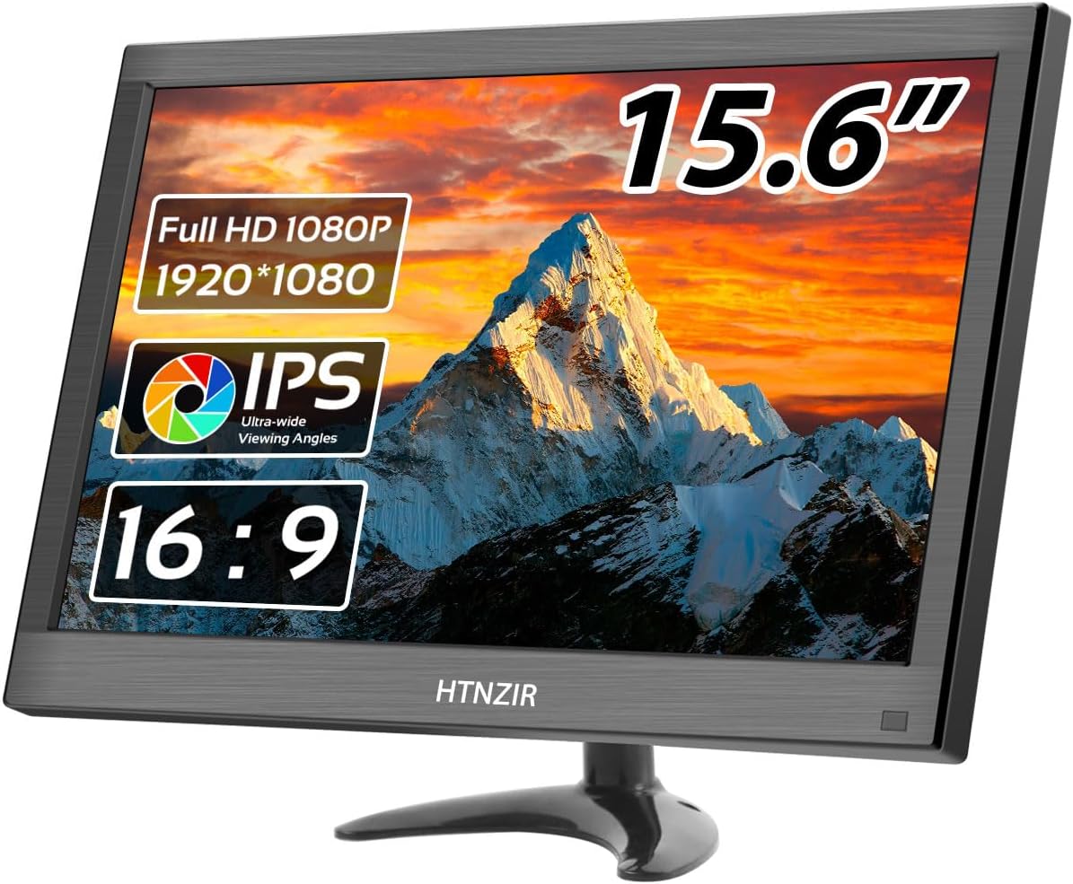 15.6 inch PC Monitor FHD IPS Display 1920 x 1080P LED Portable Monitor Desktop Monitor with HDMI/VGA/BNC/AV/USB/AV Port,Built-in Speakers,CCTV Monitor, VESA