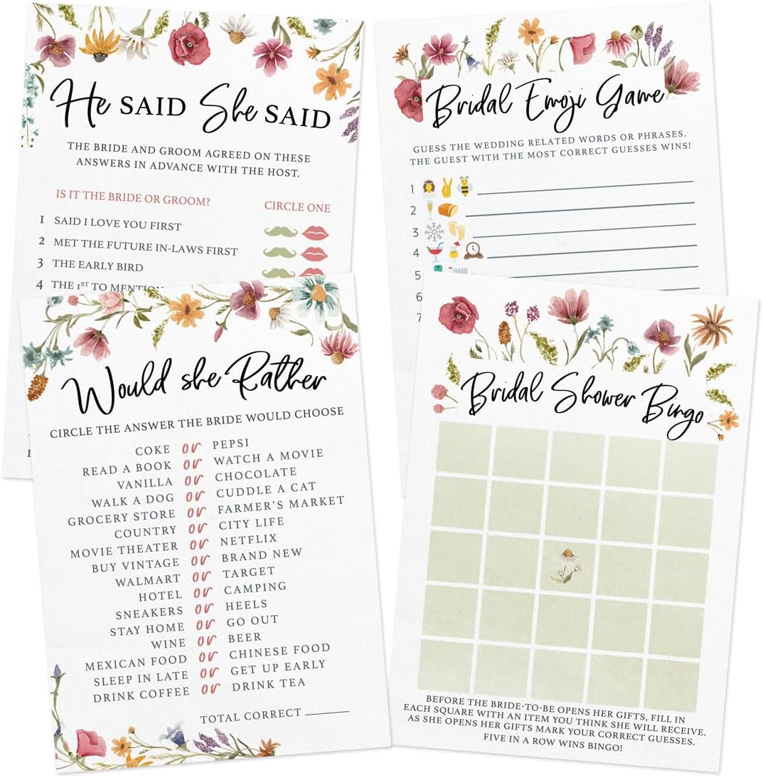Printed Party Bridal Shower Game Set – 4 Fun Games and Activities for 30 Guests, Includes Bingo, Emoji Guessing, and Bride & Groom Trivia, Love In Bloom Wildflower Design