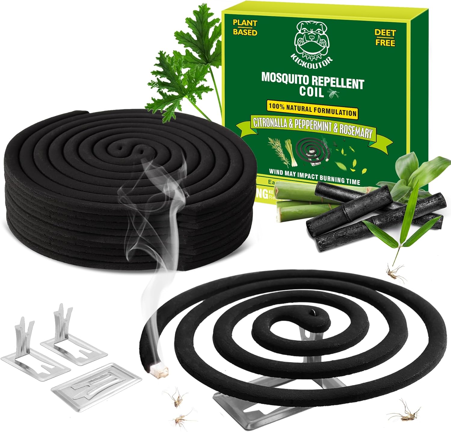 KICKOUTOR® Mosquito Repellent Outdoor Patio 20 PCS Natural Citronella Mosquito Coils Incense Deet Free Mosquito Killer with 4 Stands for Camping Backyard Room 5-7 Hours Bug Mosquito Control