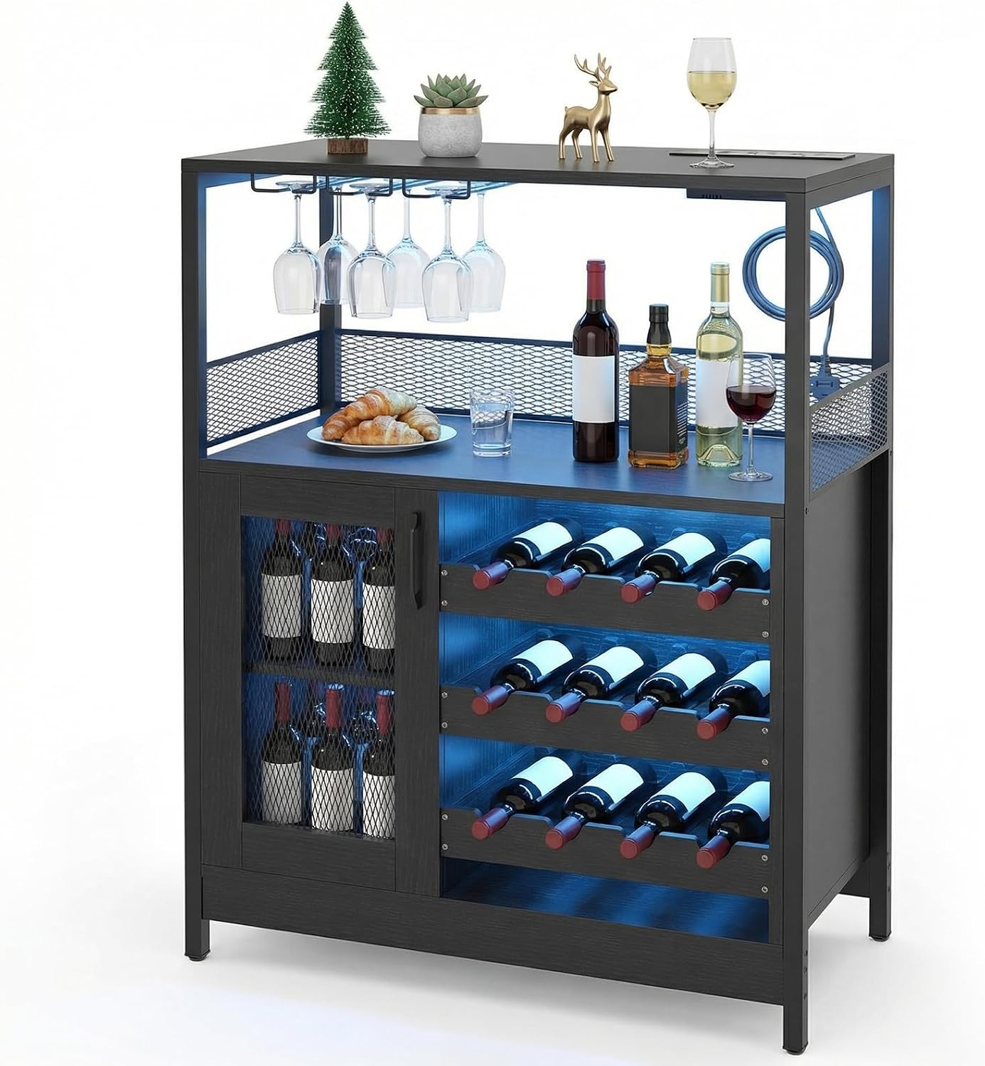 Warmiehomy Wine Bar Cabinet with Power Socket & LED Lights, Black