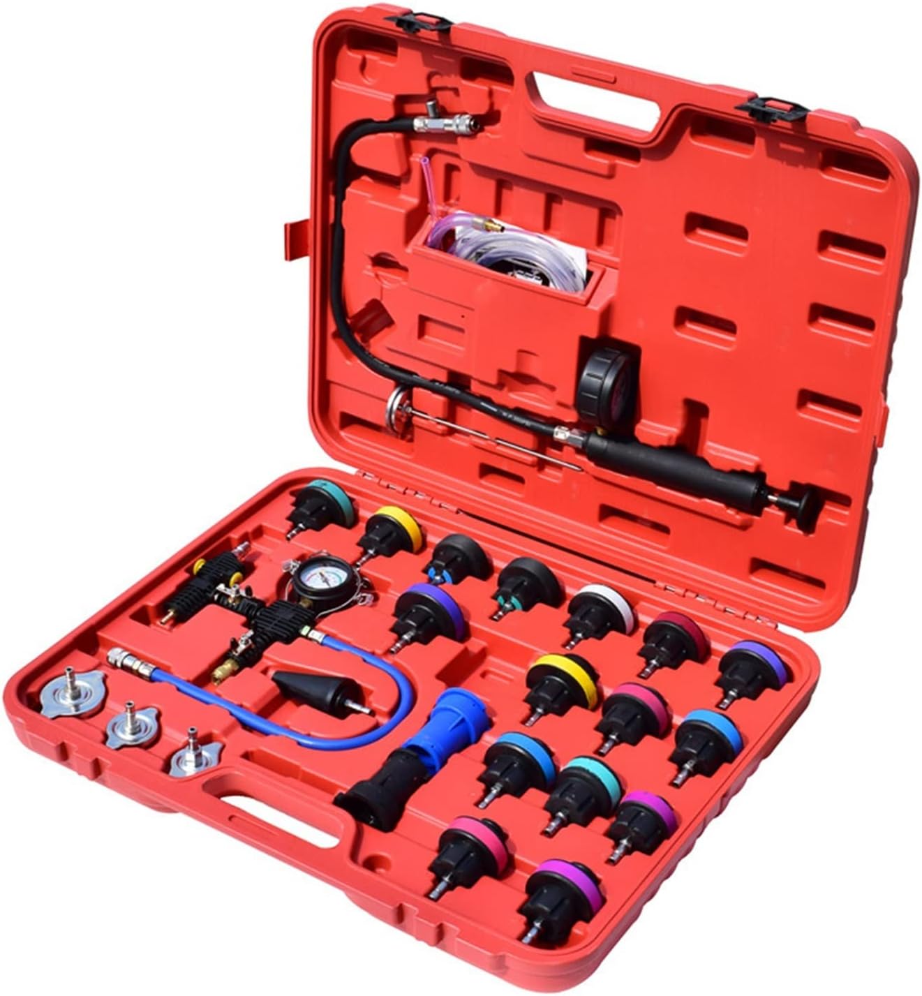 DMETE Pressure Tester Kit 28pcs Automotive Radiator Pump Pressure Tester Kit Car Water Tank Leak Detector Cooling System Coolant Vacuum Purge Set Refill Tool Connection