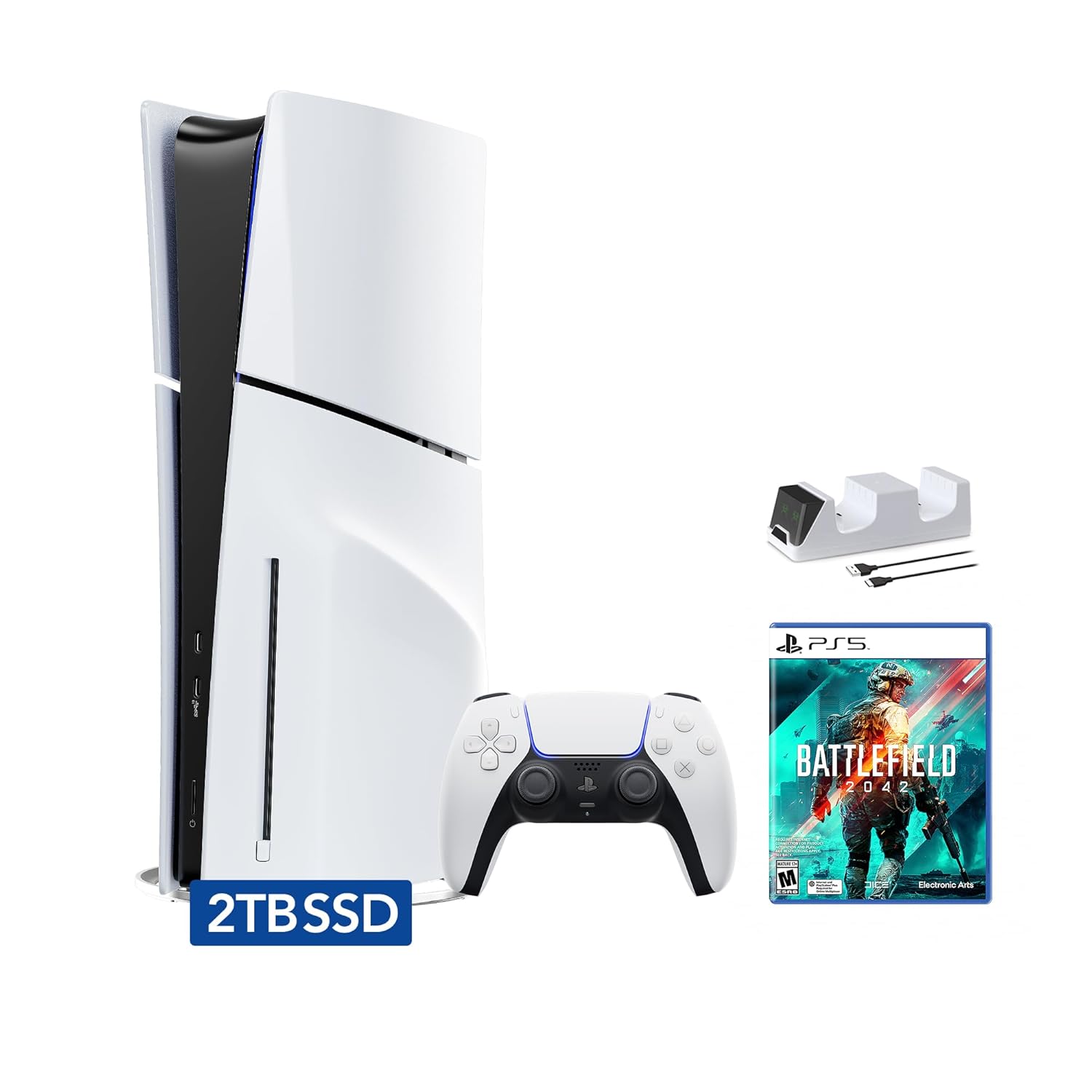 PlayStation 5 Slim Disc 2TB SSD Edition Bundle with Battlefield 2042 and C-Gamers Dual-Controller Charger - PS5, White [video game] [video game] [video game] [video game] [video game]