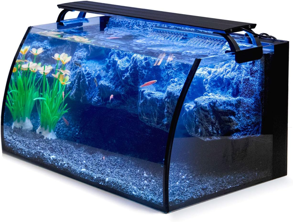 hygger Horizon 8 Gallon LED Glass Aquarium Kit for Starters with 7W Power Filter Pump, 18W Colored led Light, Wide View Curved Shape Fish Tank with Undetachable 3D Rockery Background Decor