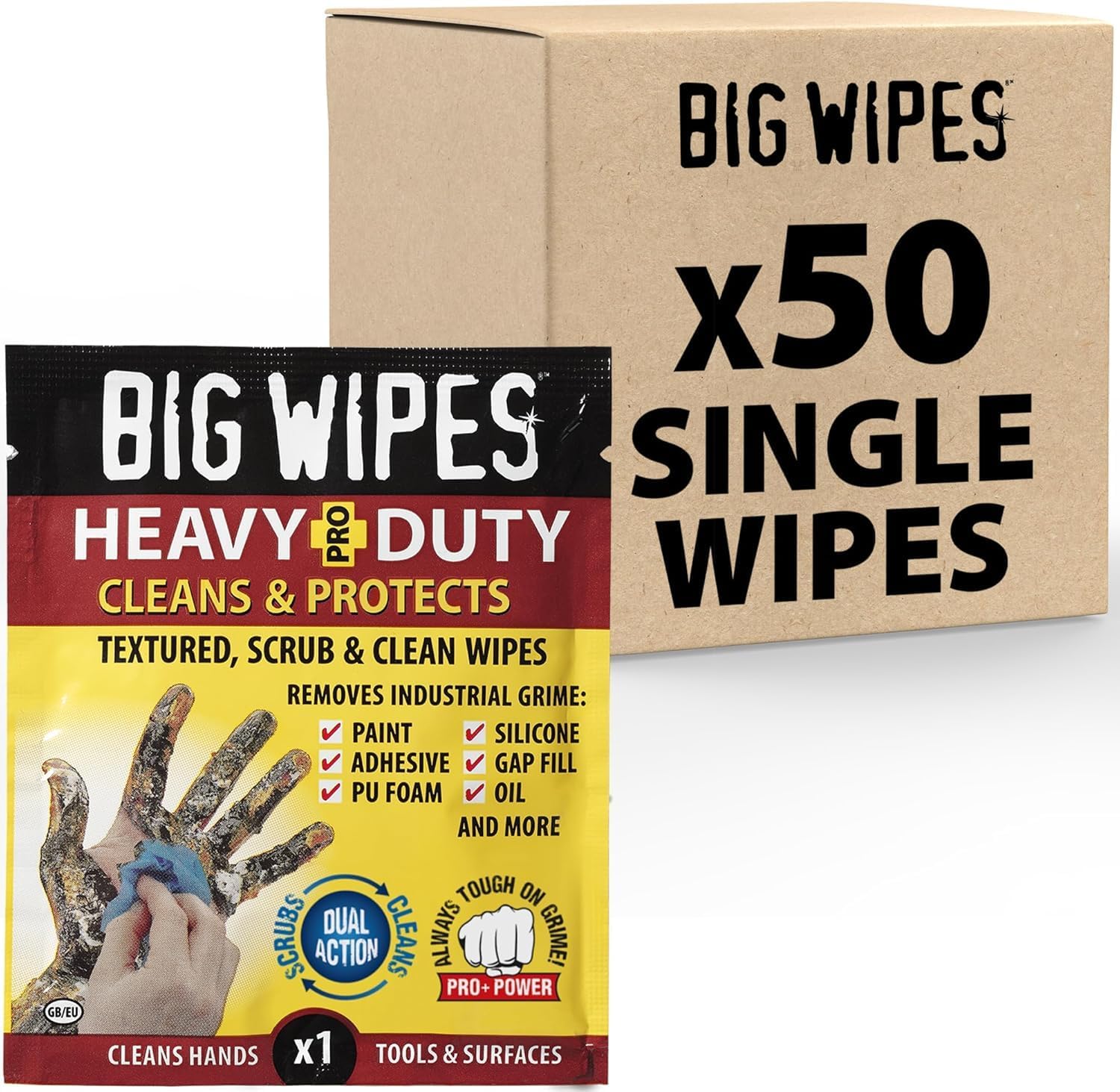 Big Wipes Heavy Duty Pro+ Hand Wipes x50 Single Sachets, Textured Dual-Sided with Skincare. Ultra Efficient on Grime. Heavy Duty & Industrial Cleaning Products for Tradespeople