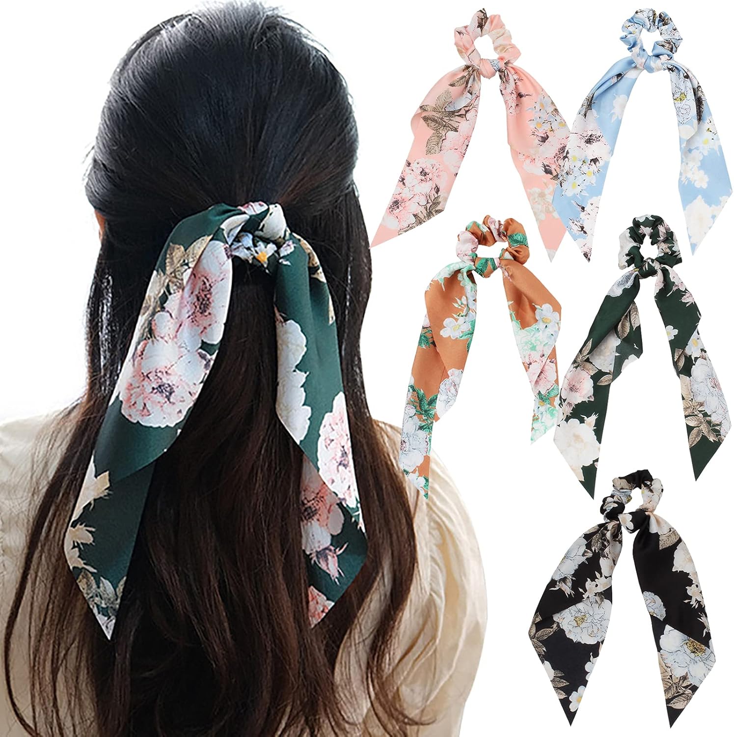 5 Pieces Satin Hair Bobbles with Bow Floral Hair Band Elastic Hair Bands Hair Scarf Hair Ties Ponytail Holder Hair Accessories for Women and Girls Multicolor