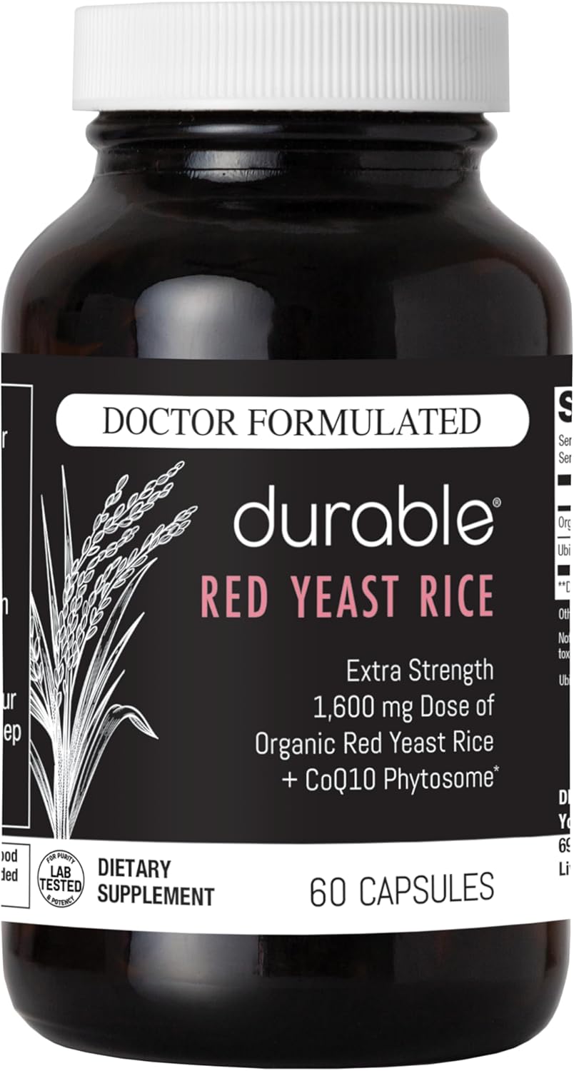 Durable RED Yeast Rice – Organic 1600 mg Extra-Strength + CoQ10 Phytosome - Cholesterol & Heart Health Support - Promotes Healthy Blood Flow & Circulation, Doctor Formulated Made in USA - 60 Capsules