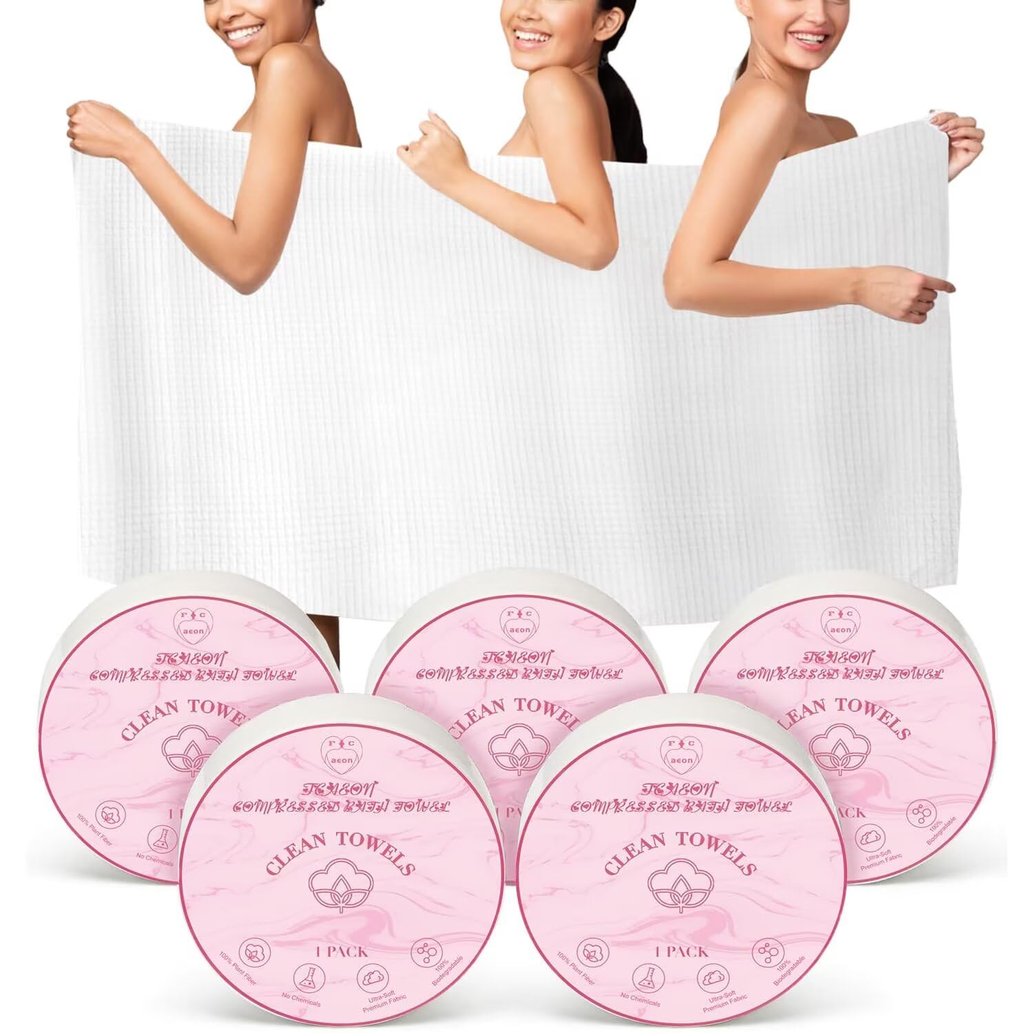 Disposable Bath Towel Tablets Large 55" x 27.5" 5 Pcs Compresseed Bath Towels for Travel Premium Personal Cleansing Towel Tablets Great for Beauty & Personal Care (Pink)