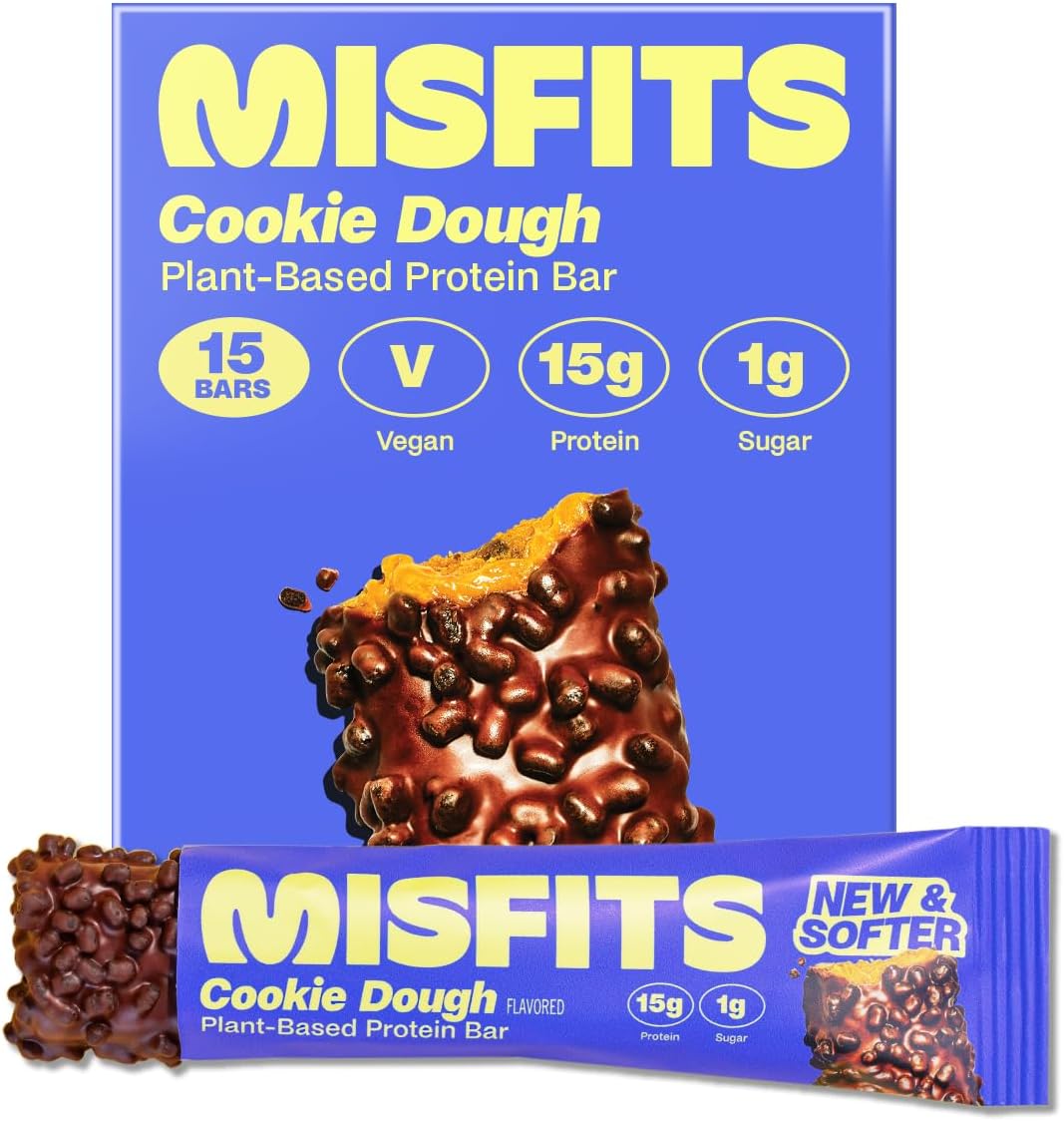 Misfits Vegan Protein Bars, Cookie Dough - Updated Recipe | Low Sugar & Carb, High Fibre Snacks | Pack of 15