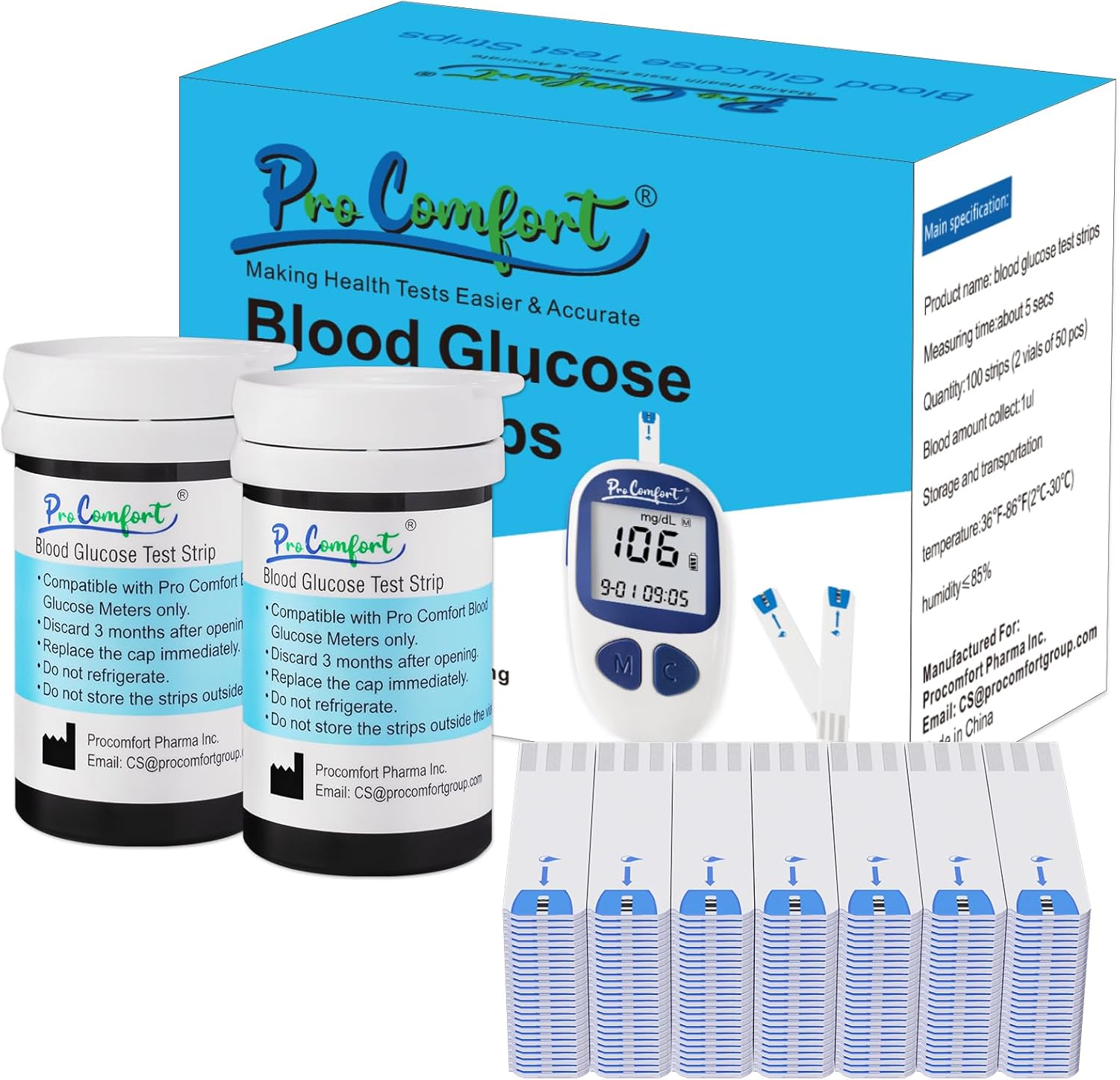 Blood Glucose Test Strips for Diabetes 100 Count Blood Sugar Test Strip, Used with Pro Comfort Glucose Monitor Only, No Coding