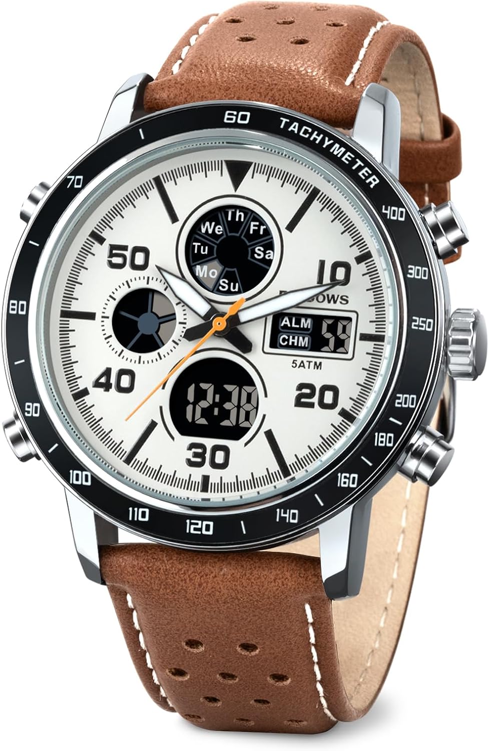 PINDOWS Watches for Men, Men Military Digital Analog Casual Dual Time Leather Wristwatch Multifunctional Fashion Watch with LED Backlight Alarm Stopwatch Calendar