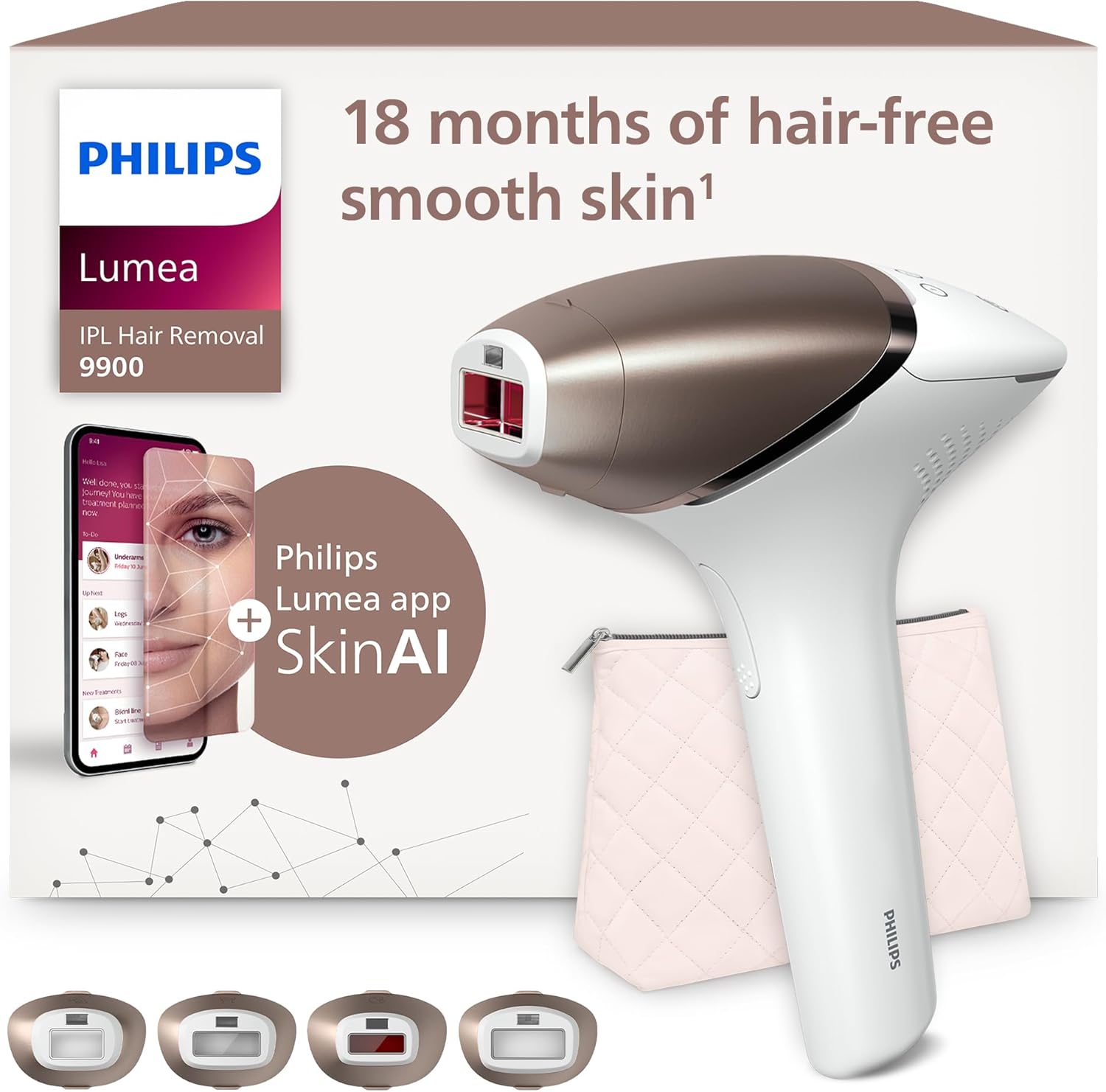 Philips Lumea 9900 Series, IPL Hair Removal Device, Laser Hair Removal Alternative, SenseIQ and SkinAI Technology, 4 Attachments for Body, Face, Bikini and Underarms, Corded & Cordless Use, BRI951/01