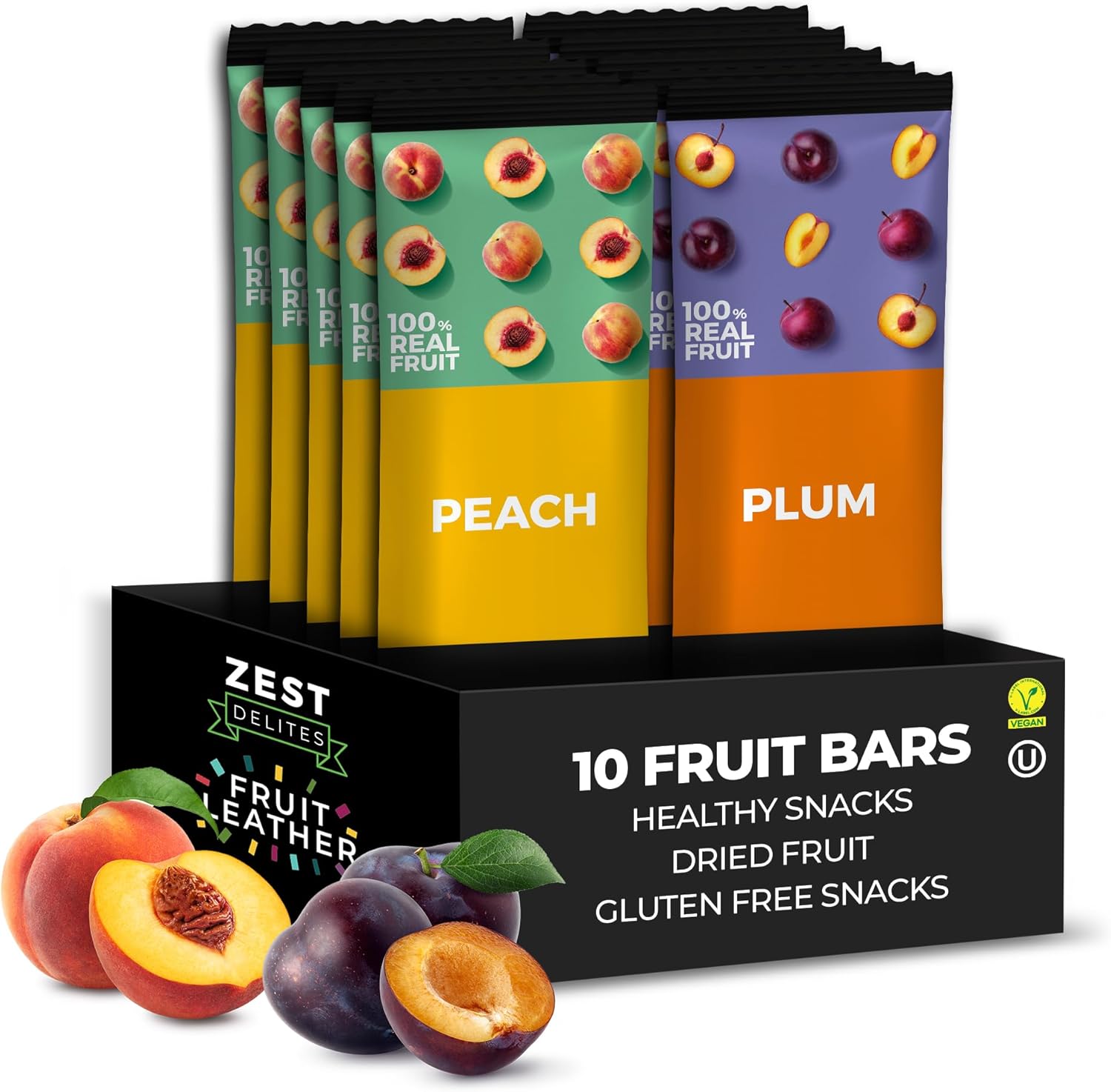 Fruit Snacks by Zest Delites, Dried Fruit Leather Bars, Healthy Snacks for Adults, Vegan, Lavashak, Healthy Sweets, Peach, Plum, 25g x 10