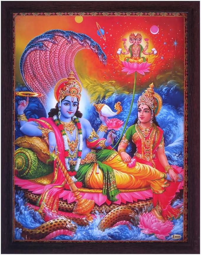 SANVIKA Lord Vishnu Poster Frame Wall Decor, Lord Vishnu Art Frame For Living Room Decor, Hindu Decor For Home Office, Pooja Room (Vishnu Resting Under Sheshnag, 12" x 9")
