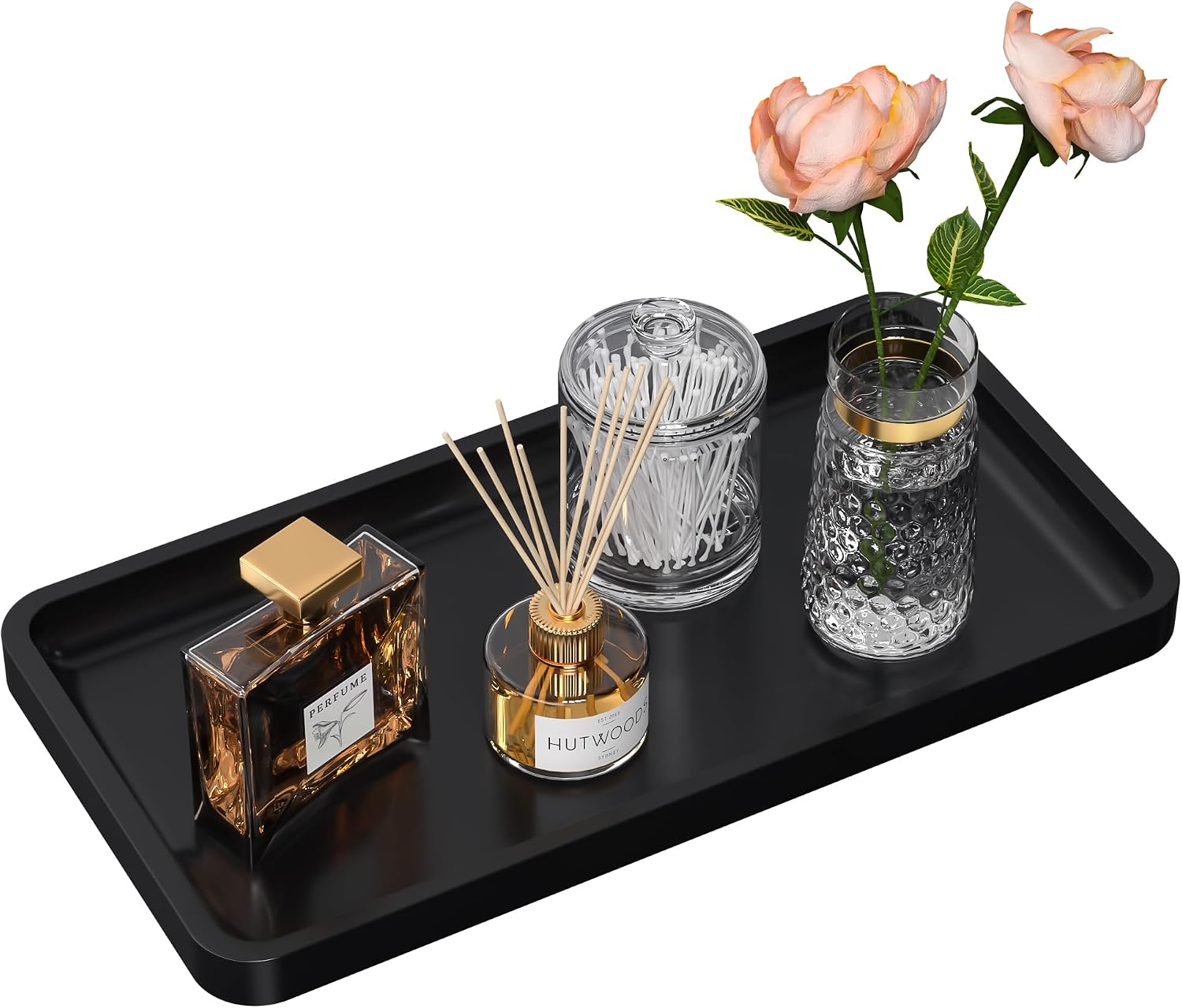 Bathroom Vanity Tray for Countertop - Bamboo Organizer Tray for Dresser Tops, Toilet, Perfume Small Decorative Tray Wood Tray for Home Decoration 11.81” L x 6.1” W x 0.79” H (Black)