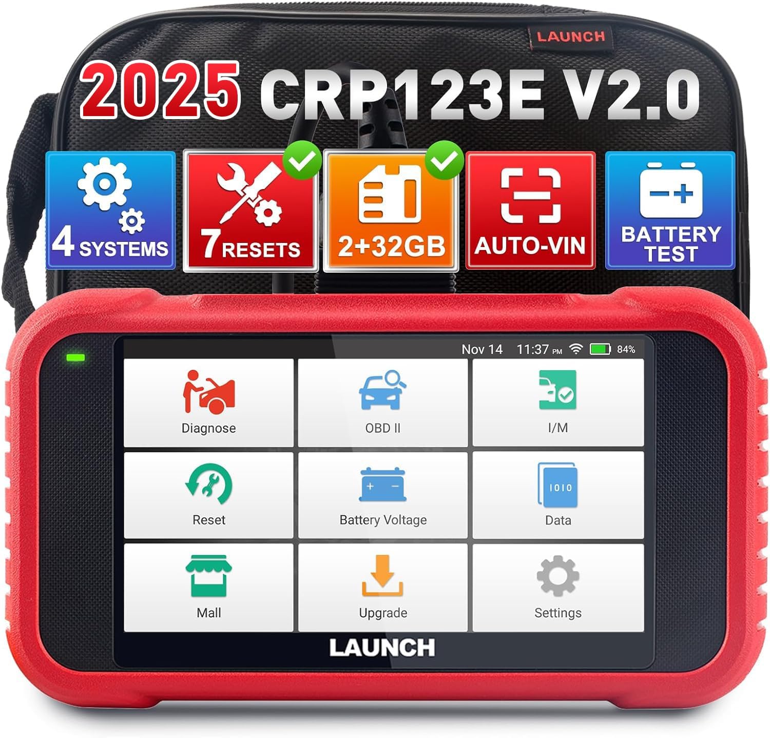LAUNCH OBD2 Scanner CRP123E V2.0 obd2 code reader ABS SRS Engine Transmission Car DiagnosticTool, 7 Service Oil/SAS/ABS/BMS/EPB/DPF Reset, Auto VIN,Lifetime Free Update, Battery Test