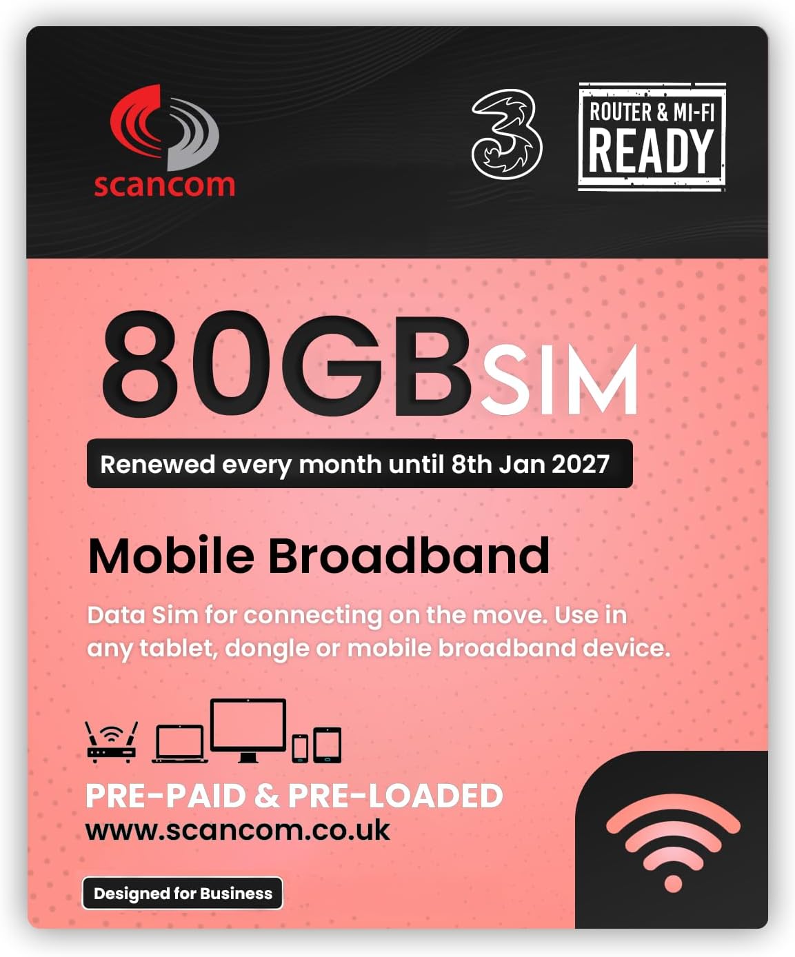 Three 80GB Data SIM – Uncapped 5G Speeds – Preloaded EVERY MONTH Until 8th JANUARY 2027 – No Contract – Plug & Play for Business Broadband, Routers & Phones