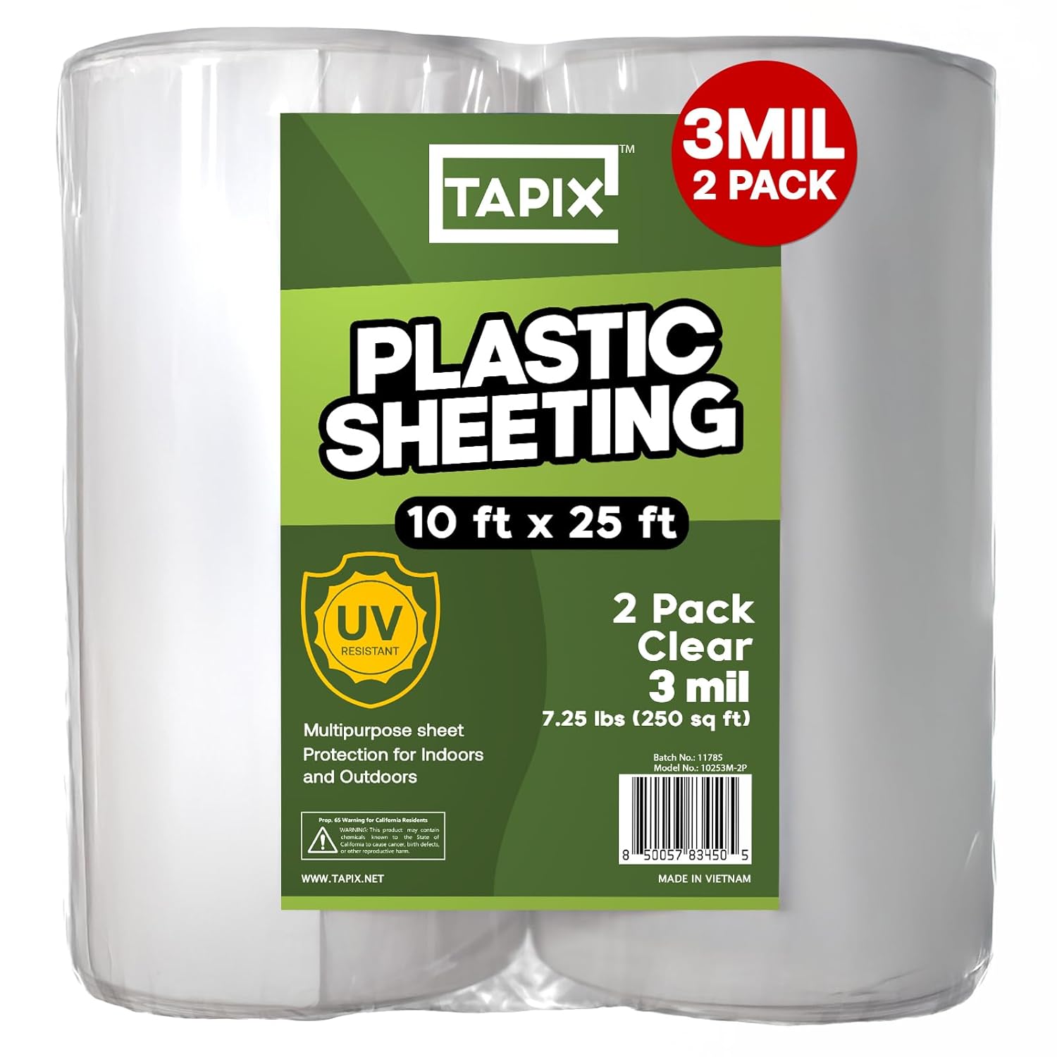 Plastic Sheeting (10' x 25') Long, 3 Mil (2 Pack) - UV Protection Poly Sheeting Polyethylene Film, Heavy Duty Greenhouse Plastic Sheeting