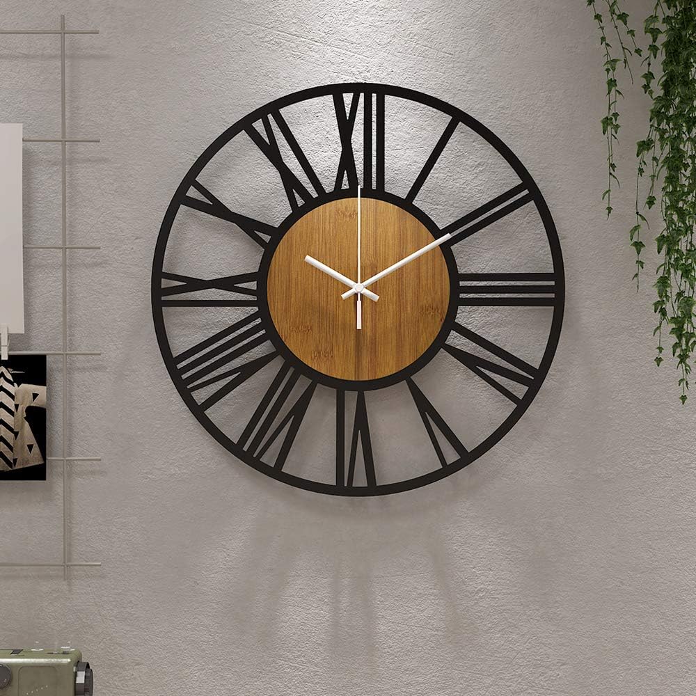 HAITANG Large Wall Clocks,Silent,Non Ticking,Battery Operated Rustic Round Modern Big Wood Wall Clock for Living Room, Bedroom,Kitchen,Farmhouse,Office,Home Decor-16IN(40cm, Black,Roman numeral)