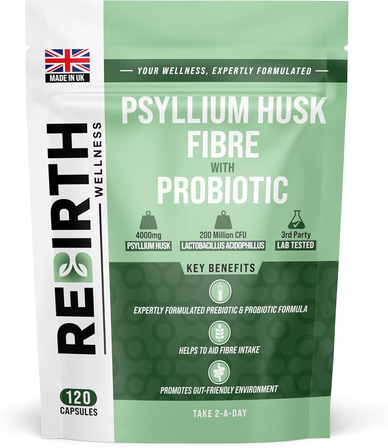 Psyllium Husk Fibre Supplement 4000mg with Probiotic Acidophilus – 120 Capsules, High Fiber Supplement for Digestion & Gut Health,3rd Party Lab Tested, UK Made by Rebirth Wellness
