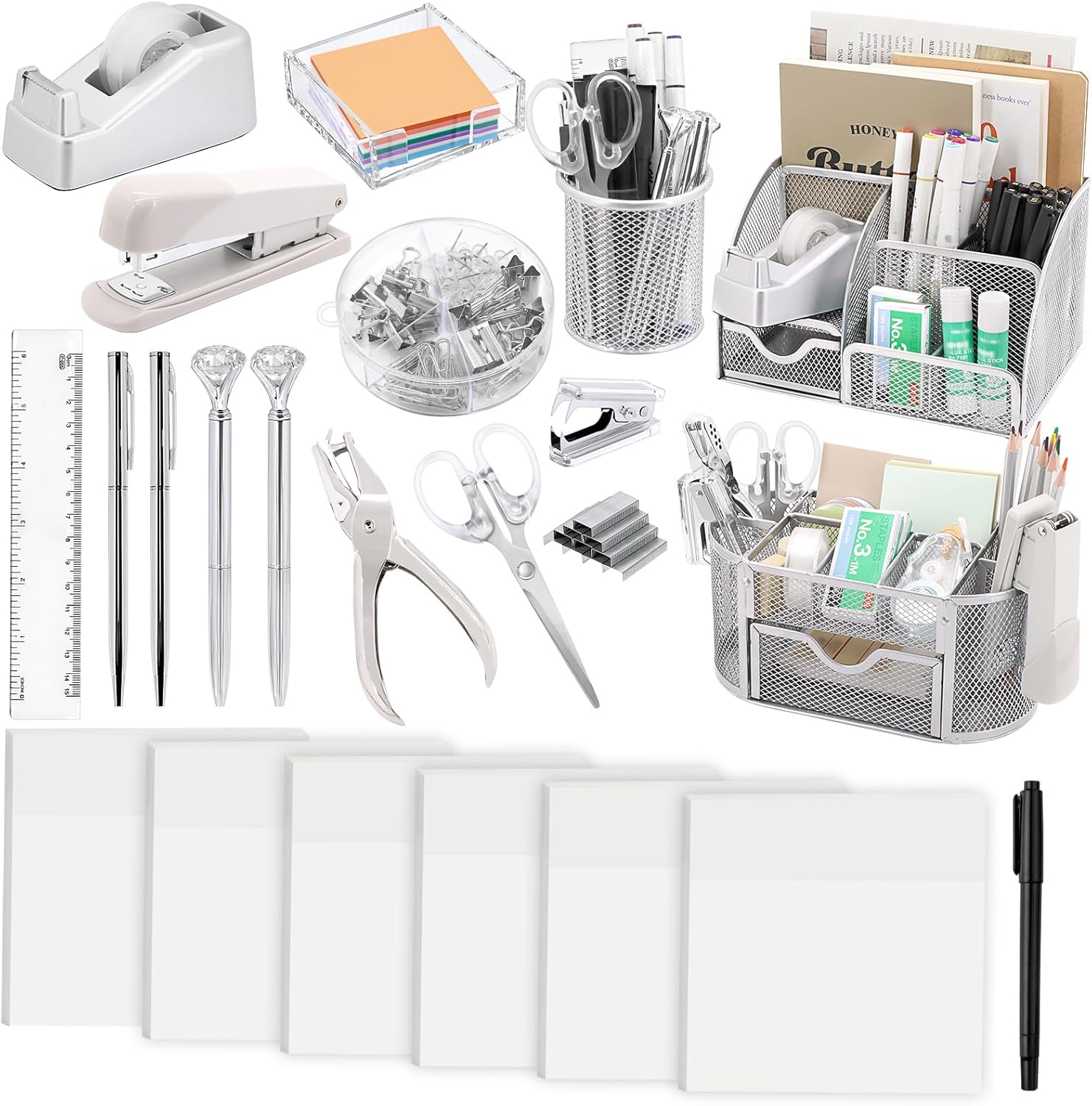 17 in 1 Silvery Desk Organizers and Accessories Set & 300 Pcs Transparent Sticky Notes 3X3'' with Pen, Office Desk Supplies Storage Organization, Clear Sticky Notes for Office School Teacher Supplies