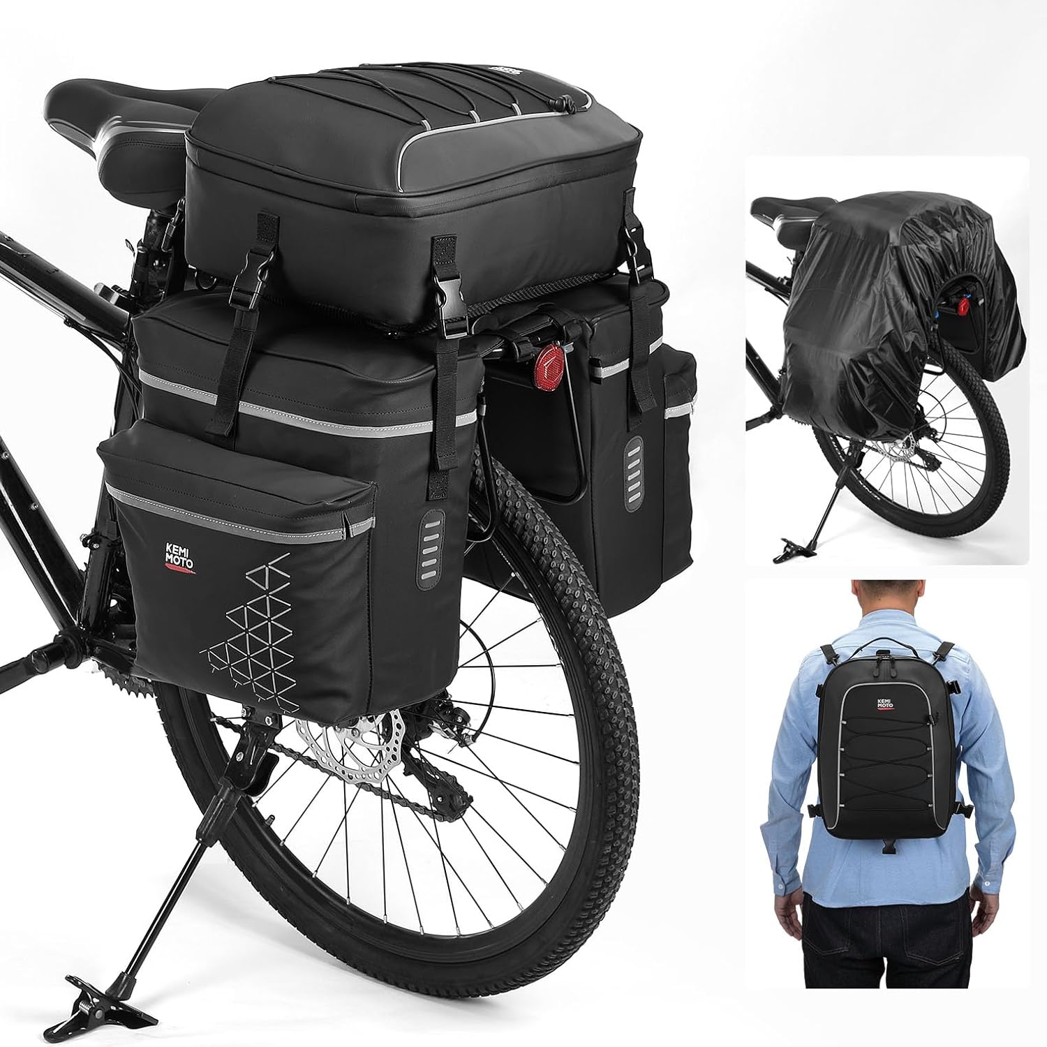 KEMIMOTO Bicycle Panniers Combo 3-in-1, Bike Saddle Grocery Bag with Waterproof Rain Cover, 52L Large Capacity Storage Cargo Cycling Backpack, Mountain Road E-bike Trunk Bag, Black