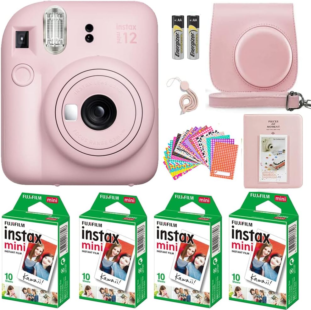 Fujifilm Instax Mini 12 Instant Camera Pastel Blue with Film Value Pack (40 Sheets) + Accessories Including Galaxy Carrying Case Strap, Photo Album, Stickers (Pink)