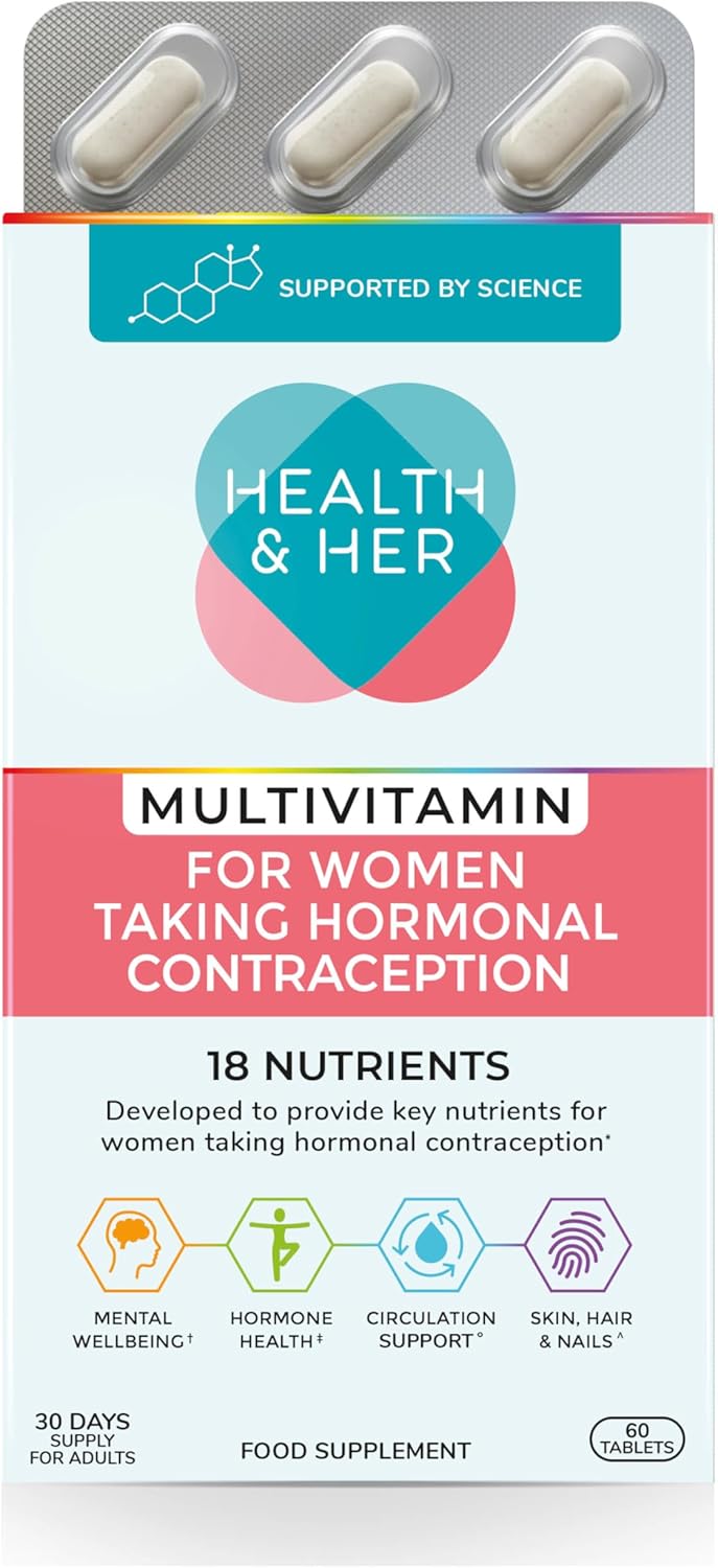 Health & Her Multivitamin Supplement for Women Taking Hormonal Contraception - Nutrition Support for Women & Teen Girls on The Pill - 1 Month Supply, 60 Tablets - Vegetarian & Gluten Free