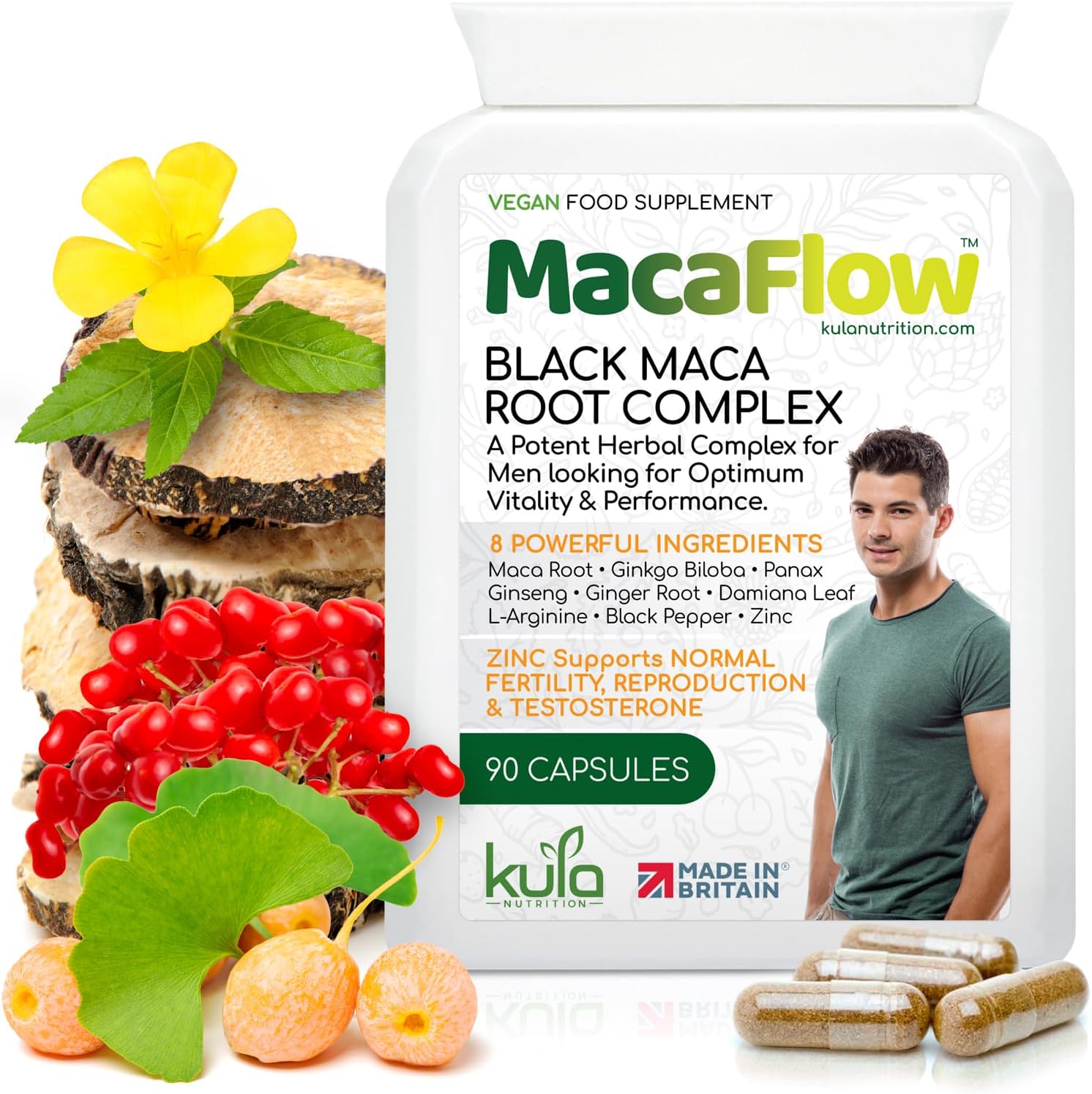 MacaFlow – Black Maca Root Complex for Men - Ginkgo Biloba, Panax Ginseng, L-Arginine, Damiana Leaf Extract, Black Pepper and Zinc for Normal Fertility - 90 Vegan Capsules (Not Tablets)
