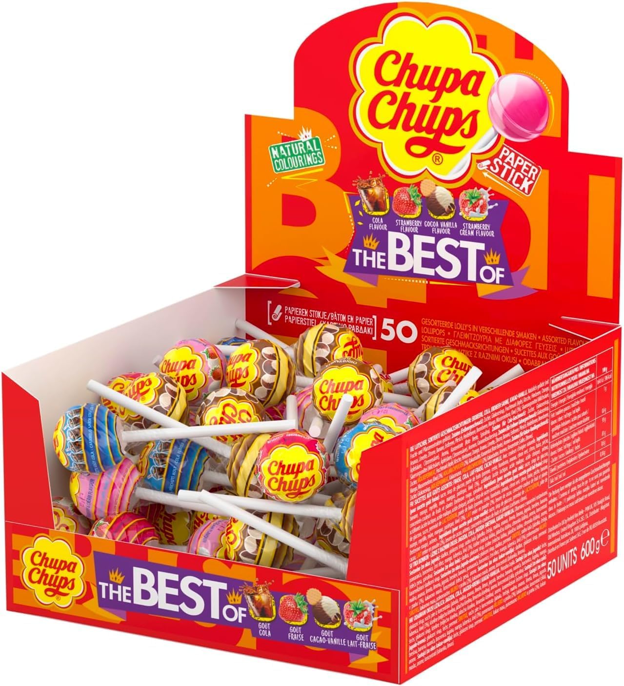 Chupa Chups Best Of Lollipop Box, 4 Flavours Of Party Sweets With Natural Colours, Suitable for Vegetarians - 50 Lollies