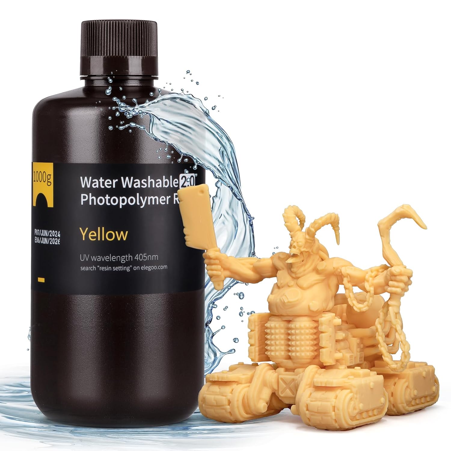 ELEGOO Water Washable 3D Printer Resin 2.0, Fast Curing Photopolymer Resin for LCD DLP SLA Resin Printers, 395-405nm UV Curing 3D Printing Liquid, Low Shrinkage, High Durability Yellow 1000g
