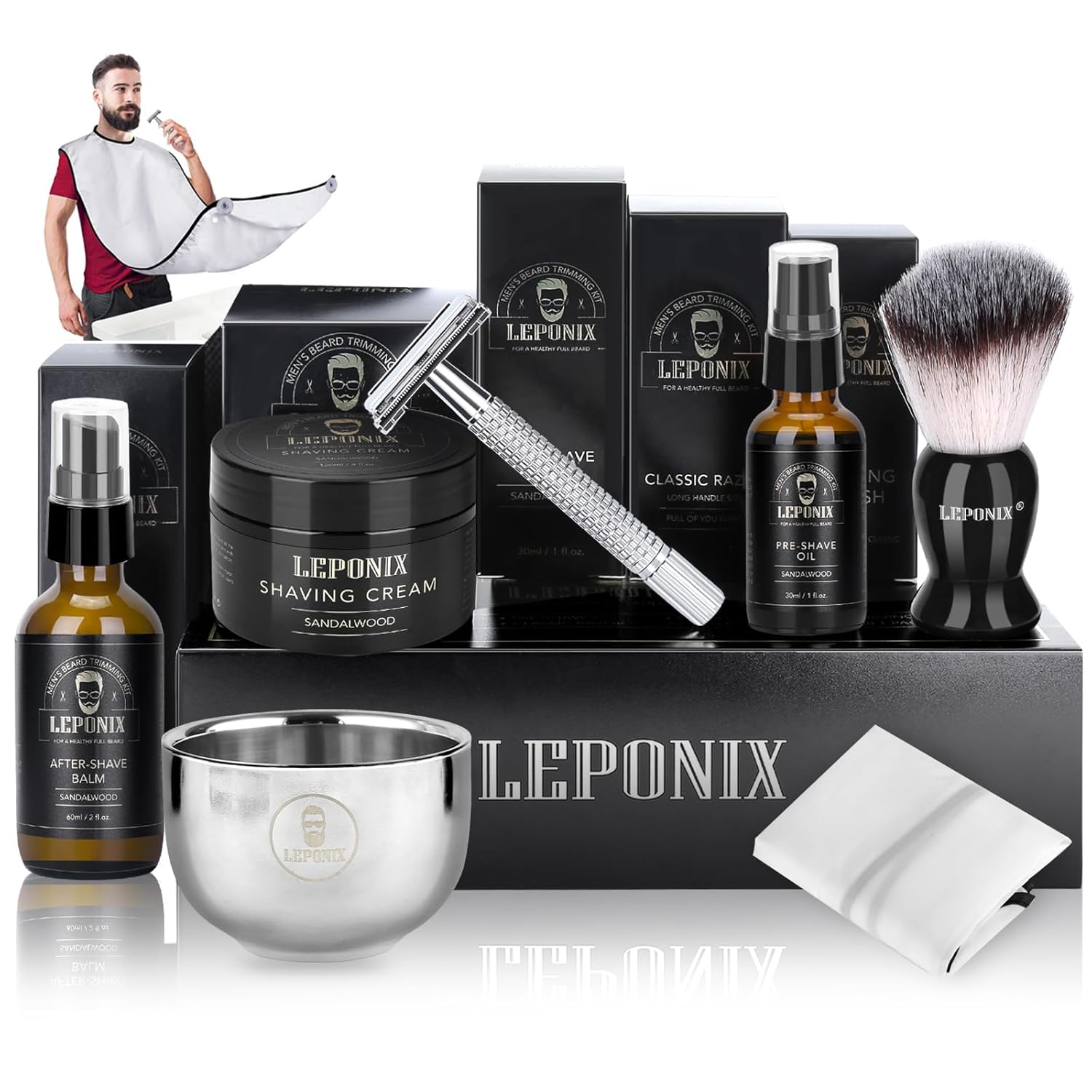 Shaving Kit for Men, Include Safety Razor, Sandalwood Cream, Aftershave, Pre Shave Oil, Shaving Brush and Bowl, Shaving Apron Bib -Unique Gifts for Him Stocking Stuffers