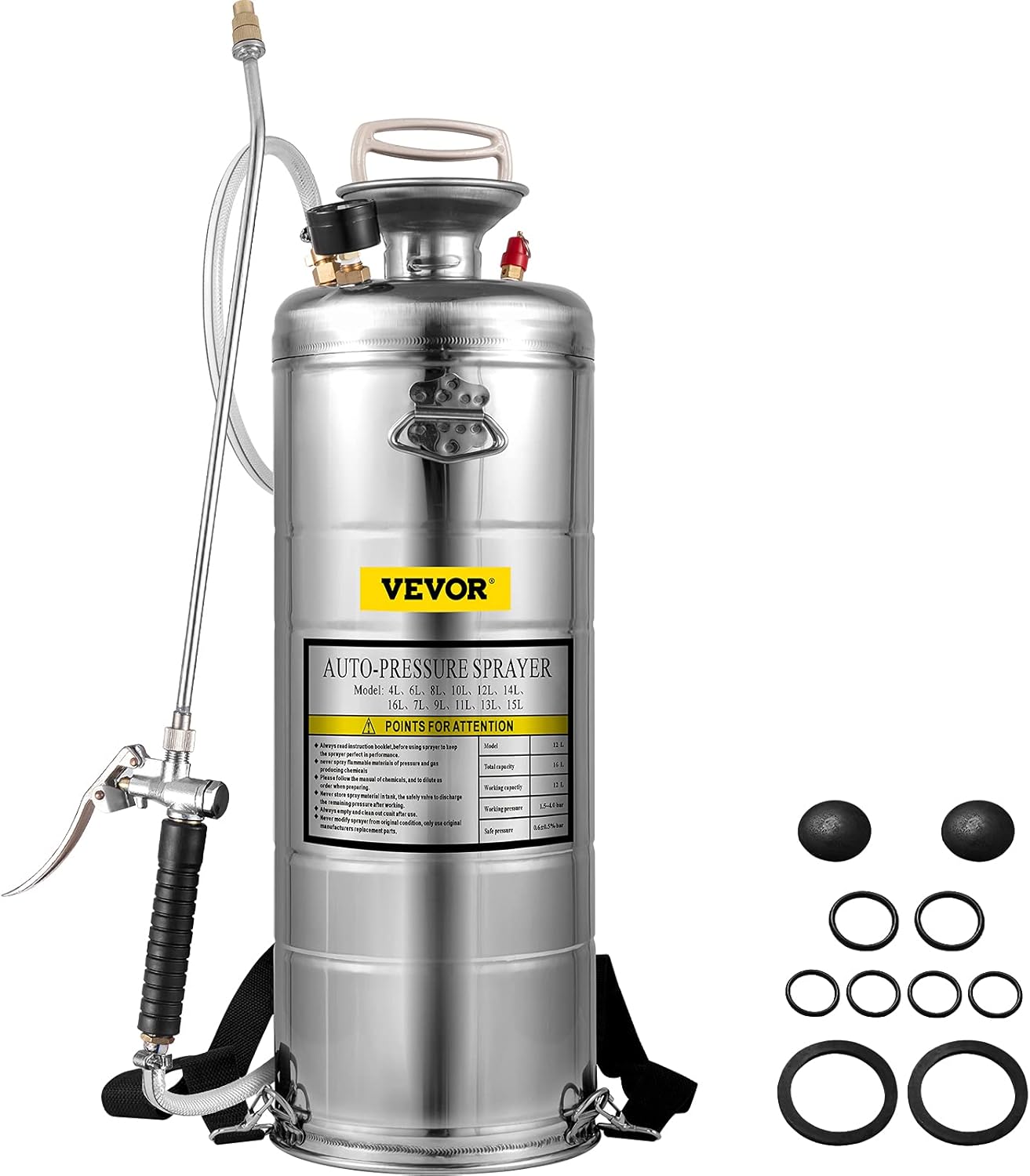 Happybuy 3.5 Gallon Stainless Steel Sprayer, 20" Wand & 3FT Reinforced Hose, Hand Pump Sprayer with Pressure Gauge, Safety Valve&Adjustable Nozzle, Garden Weed Sprayer for Lawn, Gardening & Sanitizing