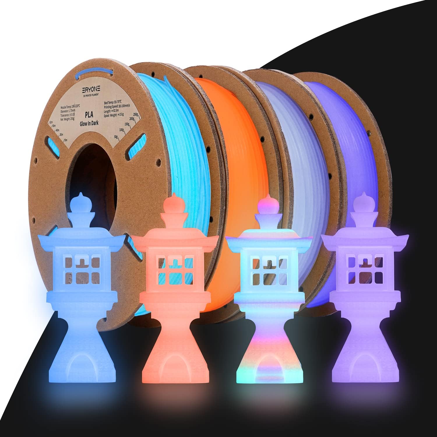 ERYONE PLA Filament Bundle,1,75 mm 3D Printer Filament +/- 0,03mm,Multicolor PLA Filament Set,250g x4 Spool, Glow in The Dark pla,Multicolor/Purple/Orange Red/Blue
