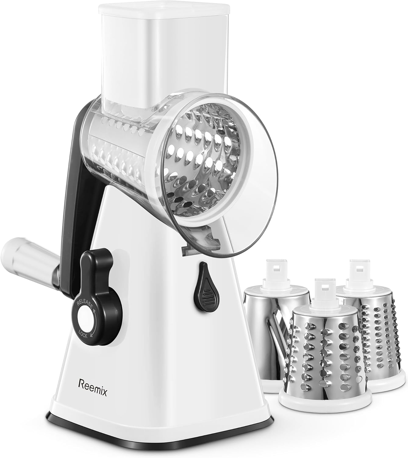 Rotary Cheese Grater, Reemix Rotary Vegetable Slicer, Rotary Kitchen Mandoline Vegetable Slicer with 3 Replaceable Stainless Steel Blades (White)