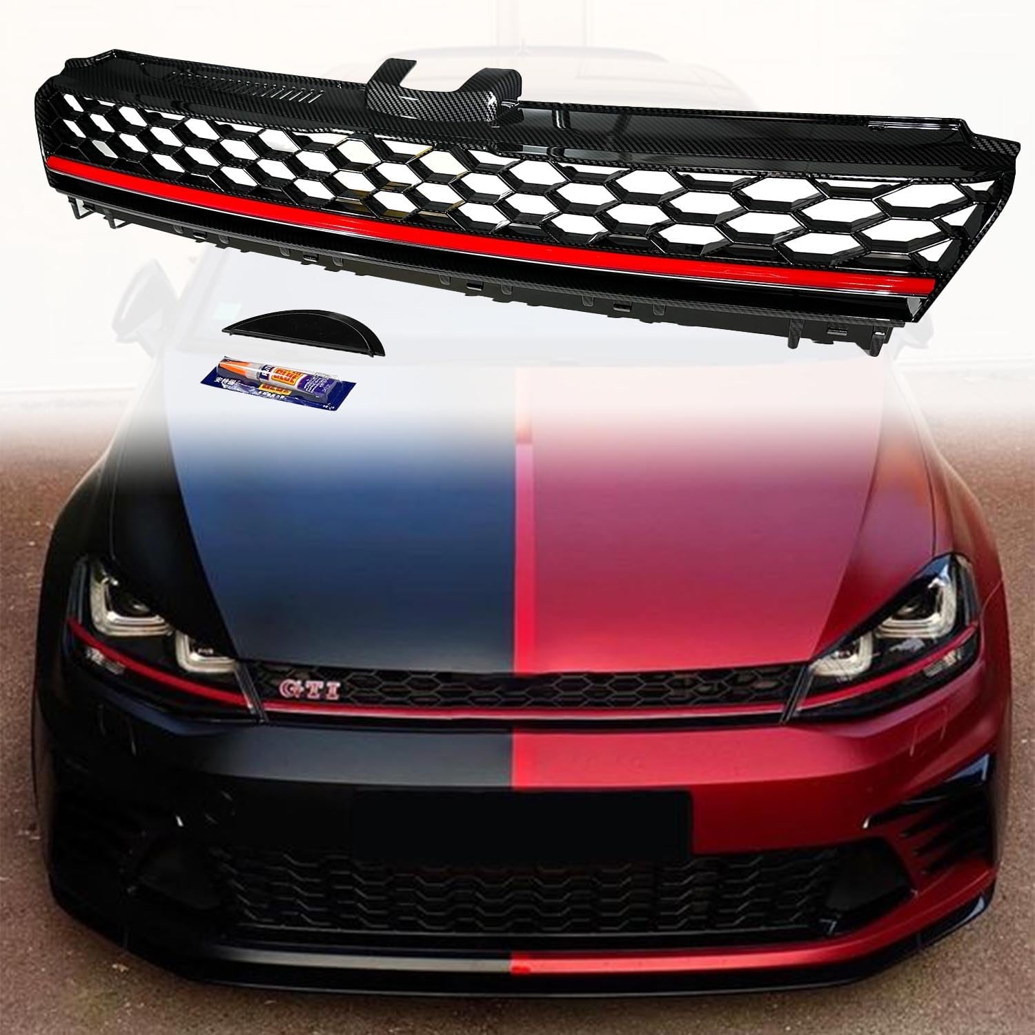 Front Grille Honeycomb w/RED TRIM Carbon Fiber Print For 2015-2016 VW MK7 Golf GTI, ABS Plastic Front Bumper Grill Hood Mesh