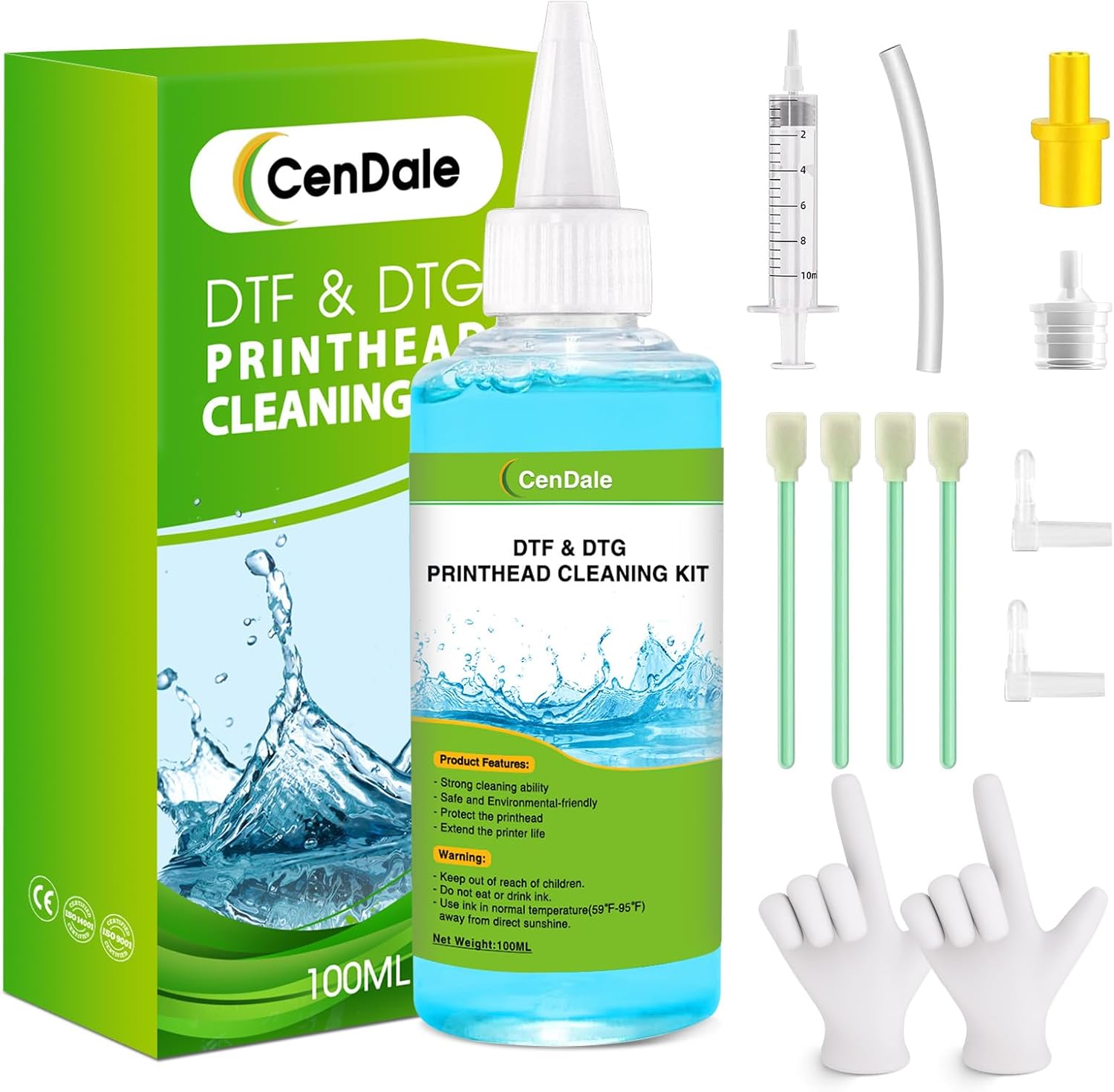 CenDale Premium DTF Printhead Cleaning Solution - Universal Printhead Cleaner Kit for Any DTF & DTG Printers, Print Head Cleaning Kit for Epson ET8550 L1800 XP15000 R1390 XP600 Ink Printer (100ML)