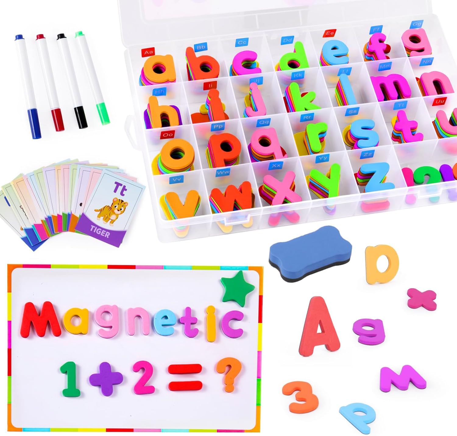 Alphabet Magnetic Letters for Classroom, Preschool Word Spelling Games Refrigerator Magnets Toys for Toddlers Kids, 237 PCS ABC Learning Educational Kit with Dry Erase Board Animals CVC Flash Cards